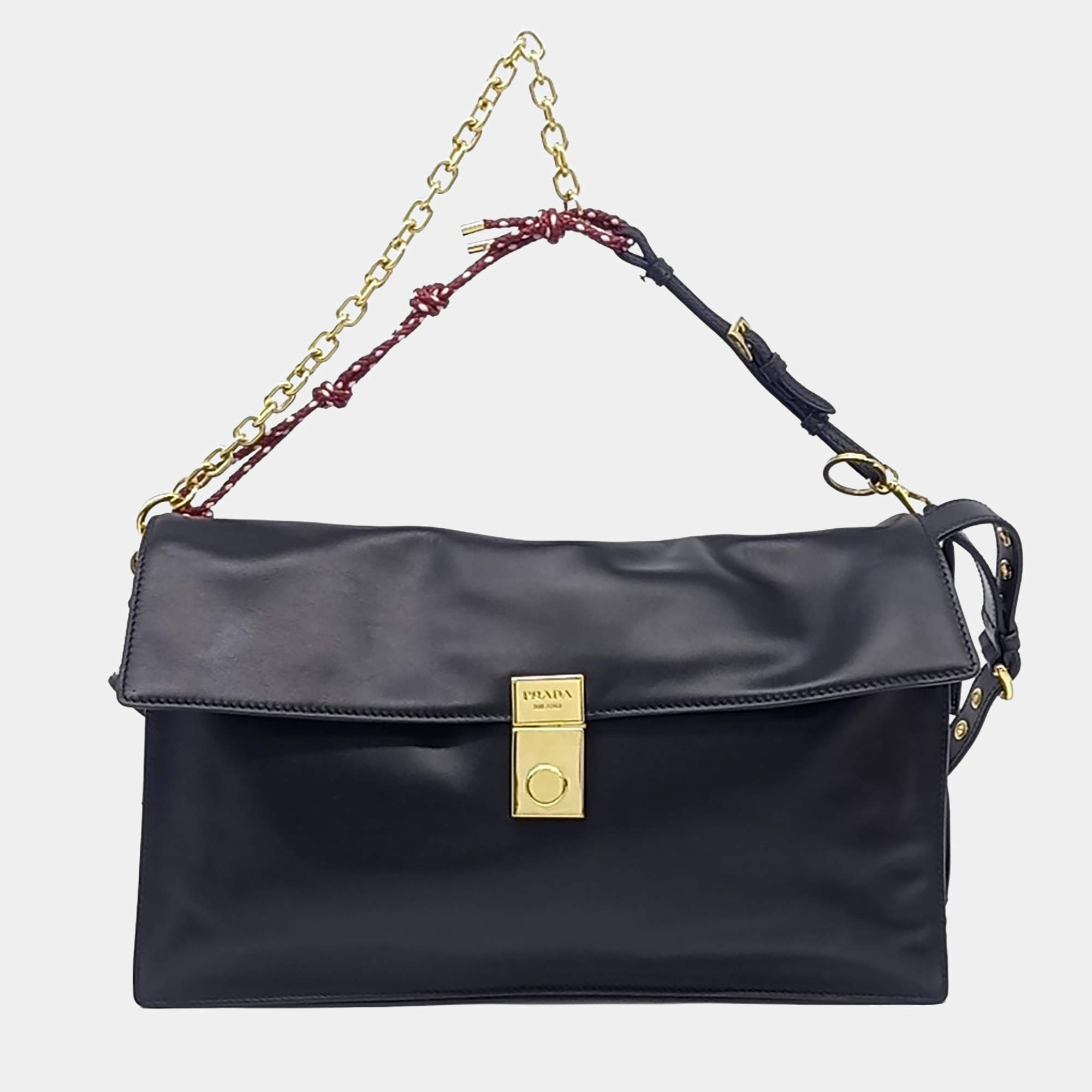 Pre Owned Prada Black Leather Soft Sound Charm Shoulder Bag Large