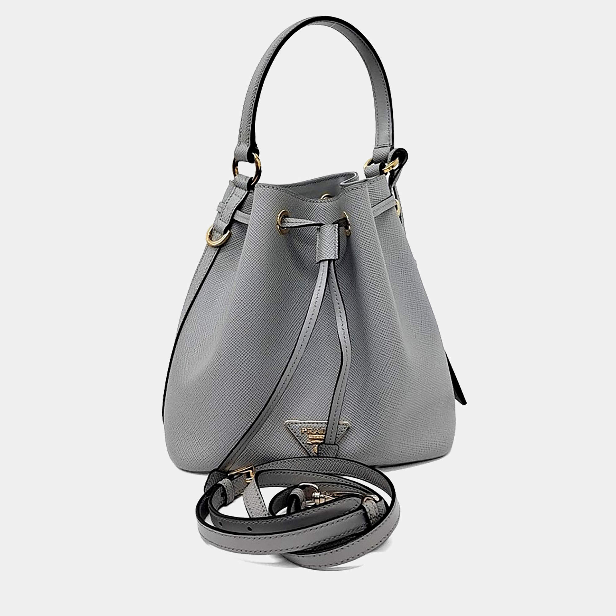 Pre Owned Prada Grey Leather Saffiano Bucket Tote and Crossbody Bag
