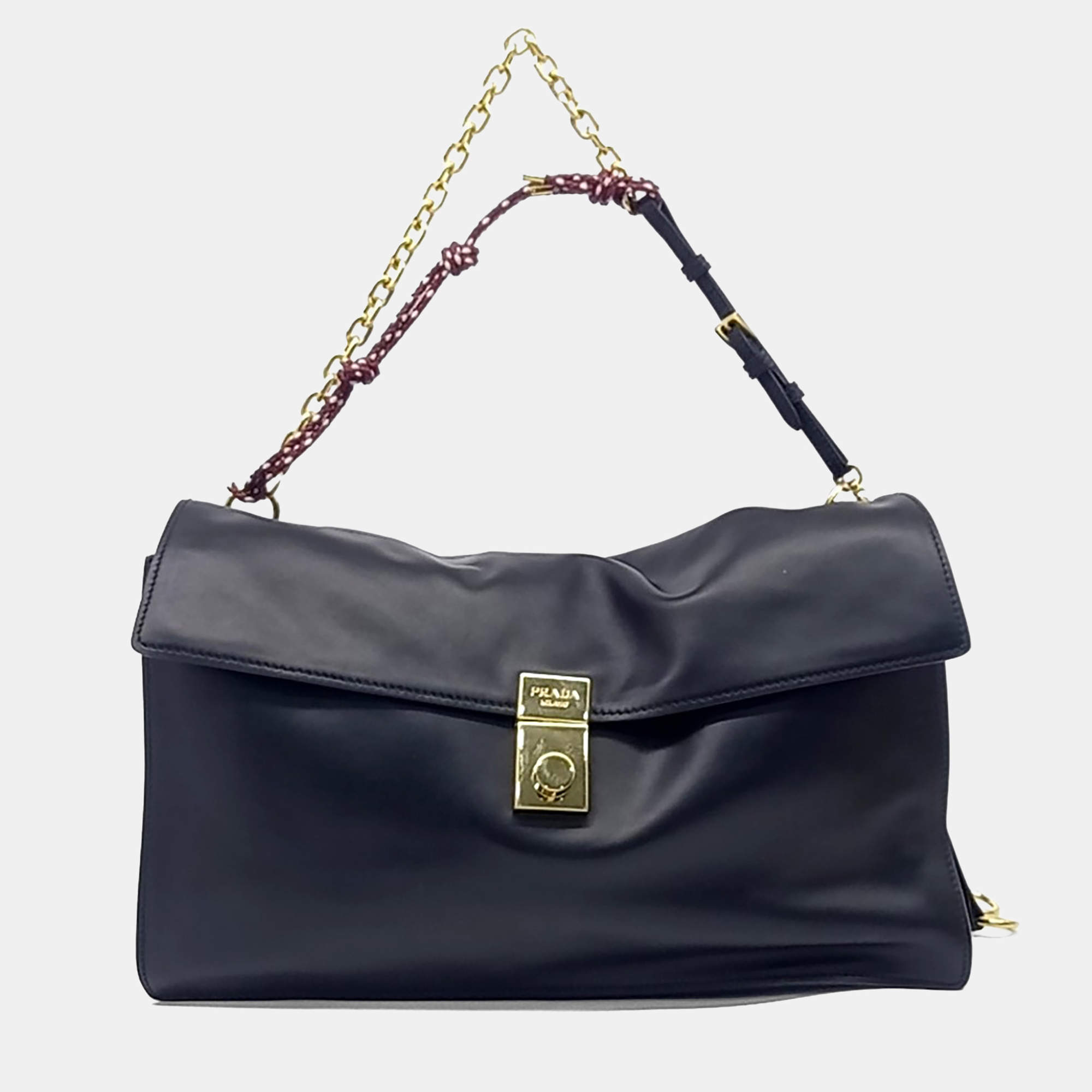 Pre Owned Prada Black Leather Soft Sound Charm Shoulder Bag Large