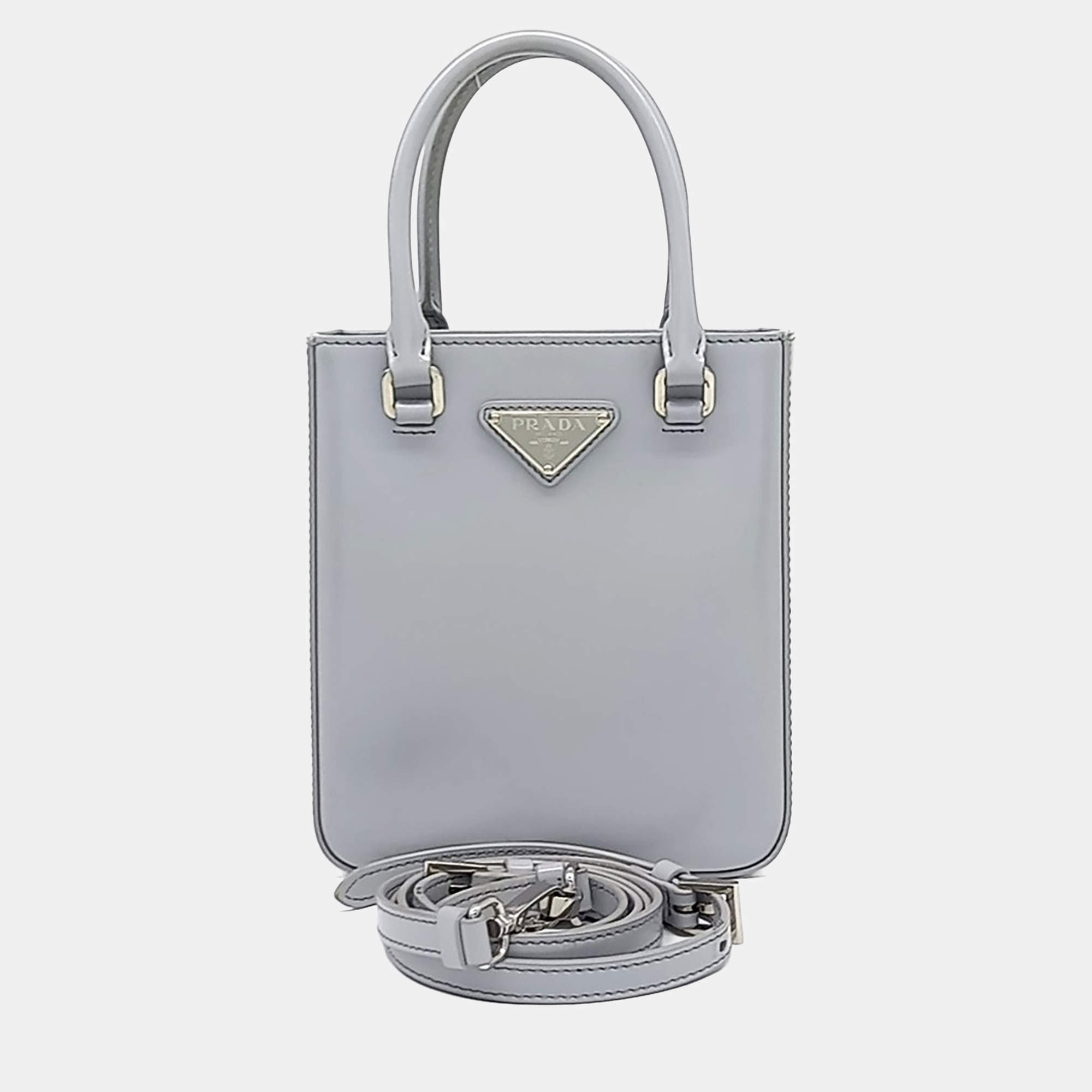 Pre Owned Prada Blue Leather Small Brushed Tote Bag