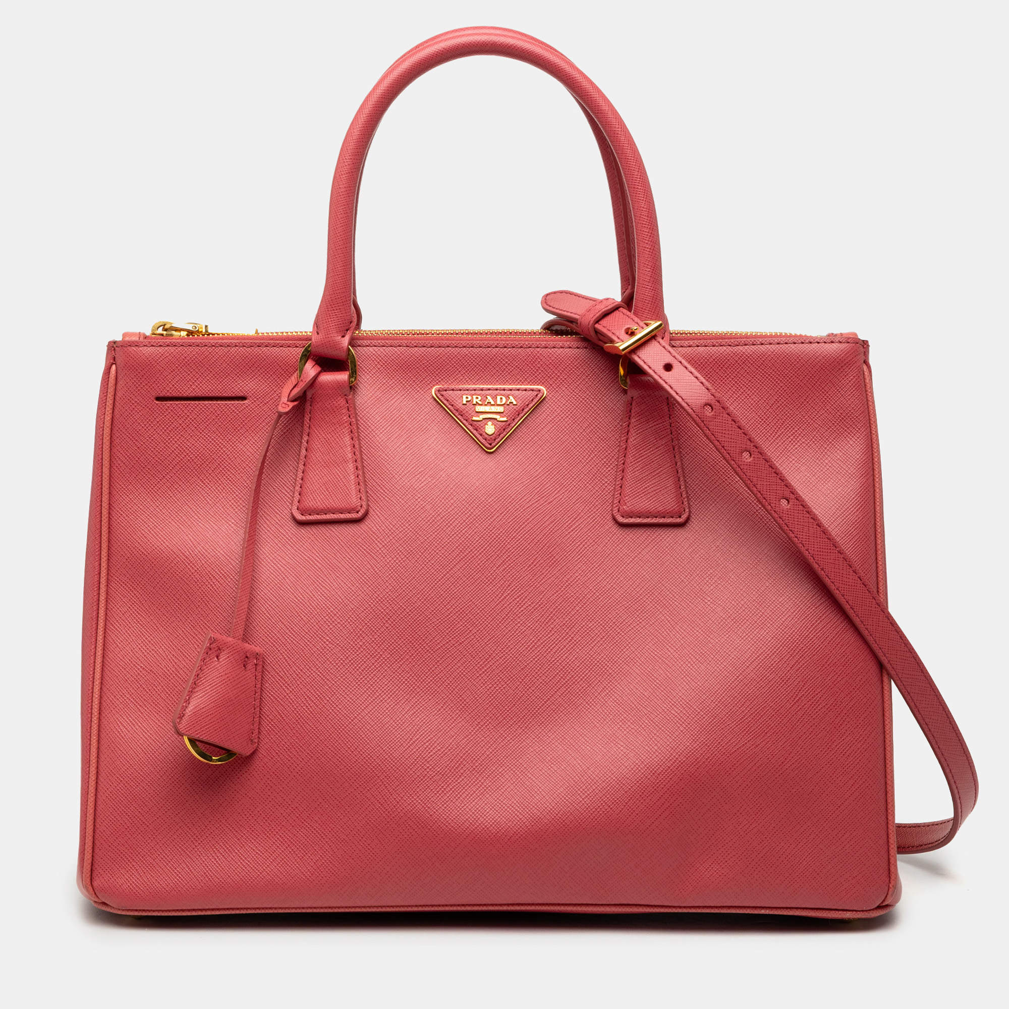Pre Owned Prada Pink Medium Saffiano Lux Galleria Double Zip Satchel
