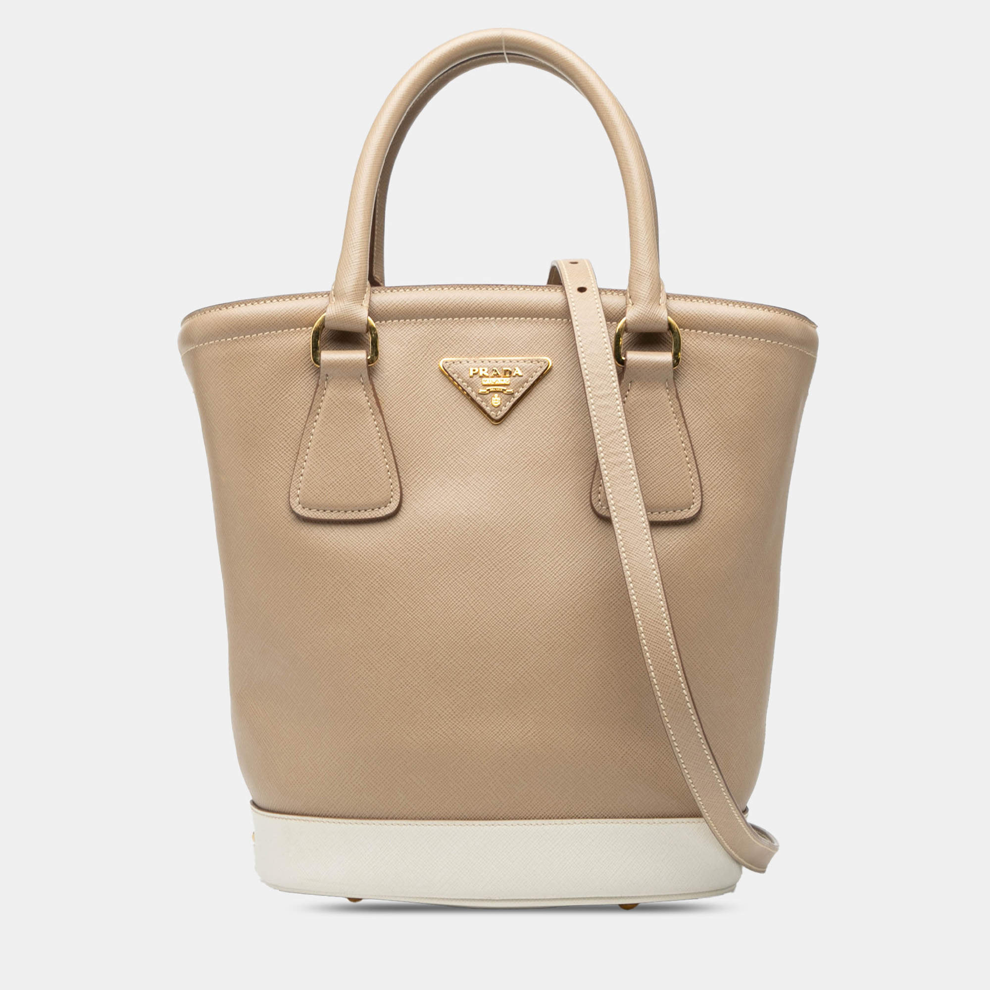 Pre Owned Prada Brown White Saffiano Bucket Bag