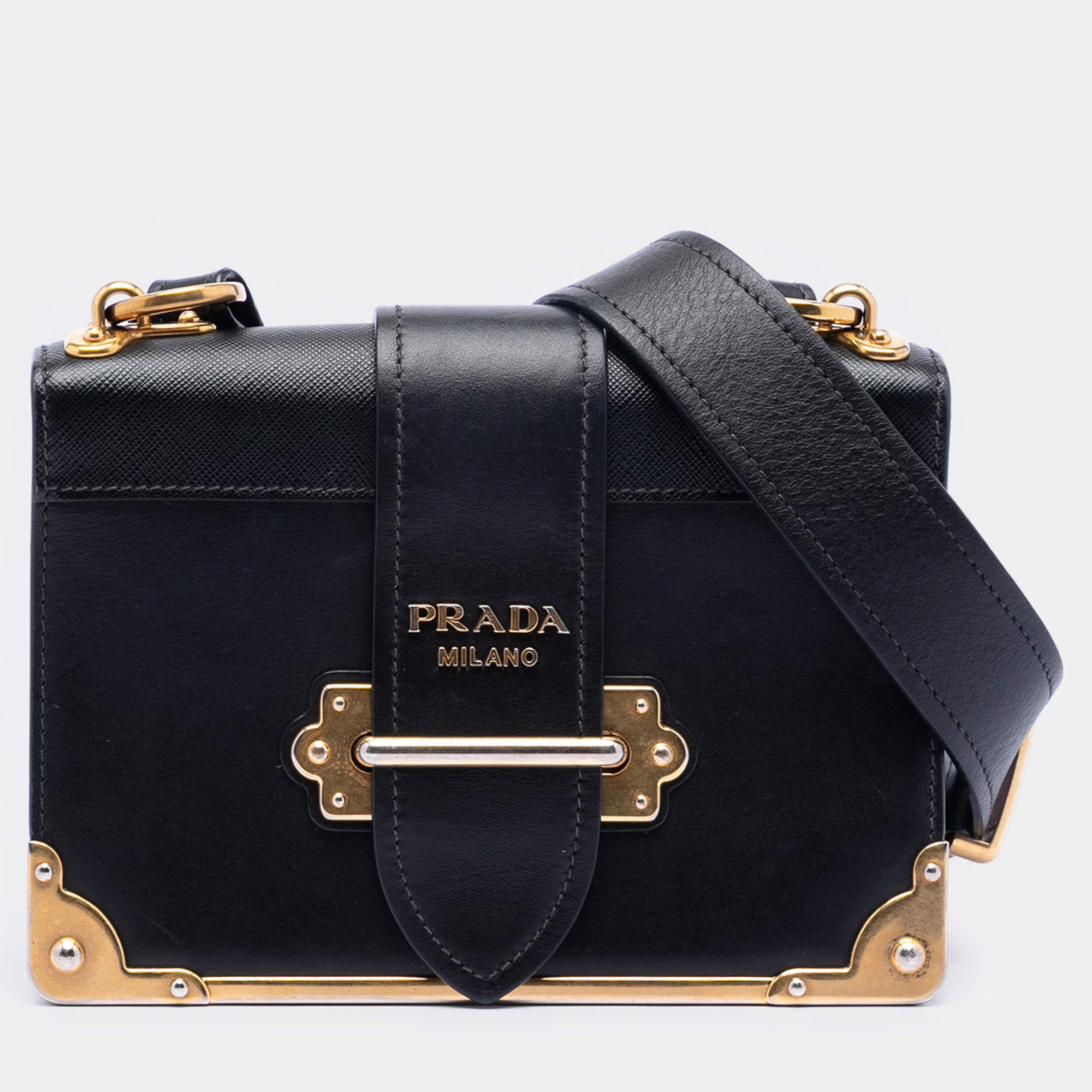 Pre Owned Prada Black Saffiano Trimmed City Calf Cahier Crossbody