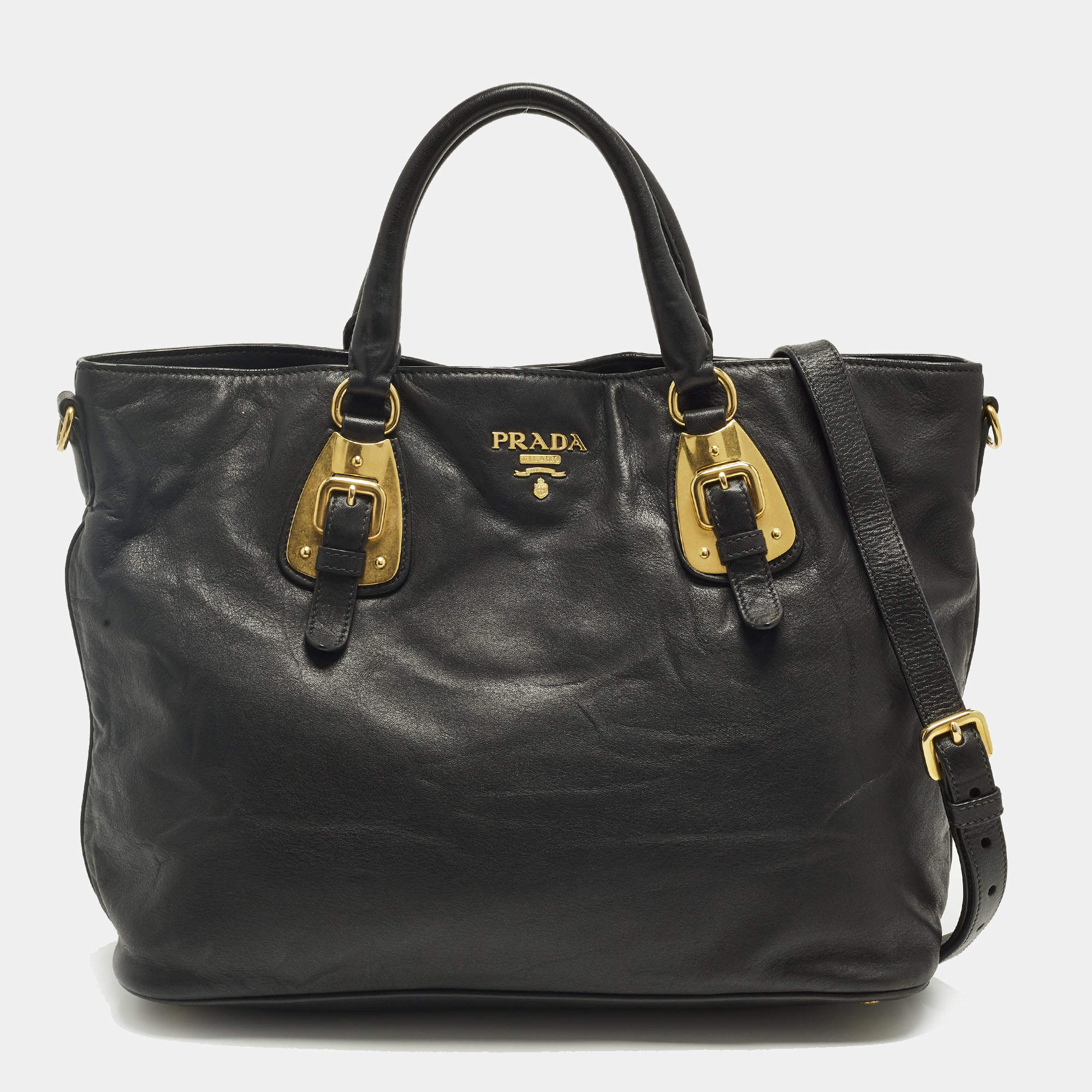 Pre Owned Prada Black Leather Snap Tote