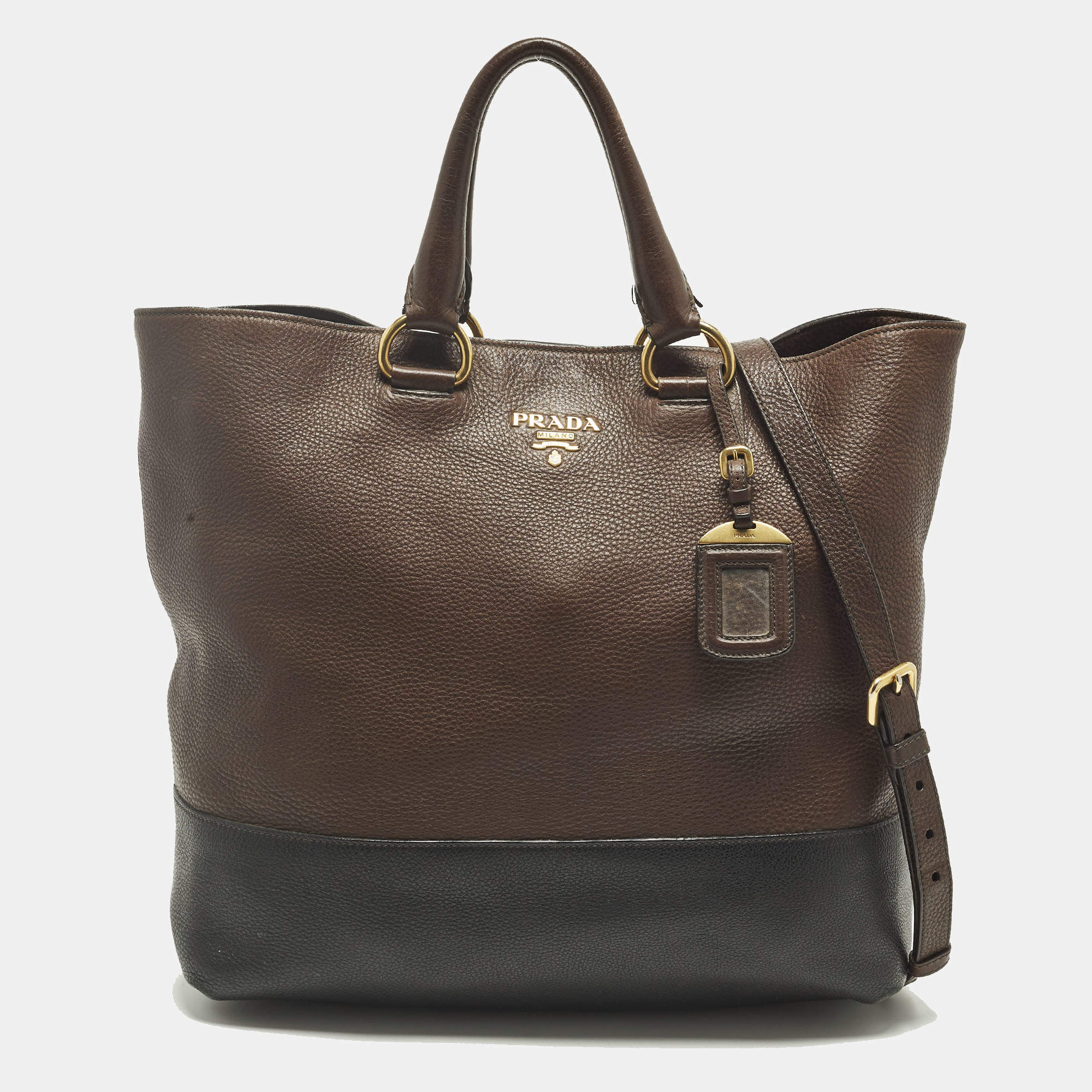 مملوكة مسبقًا Prada Brown/Black Vitello Daino Leather Shopper Tote