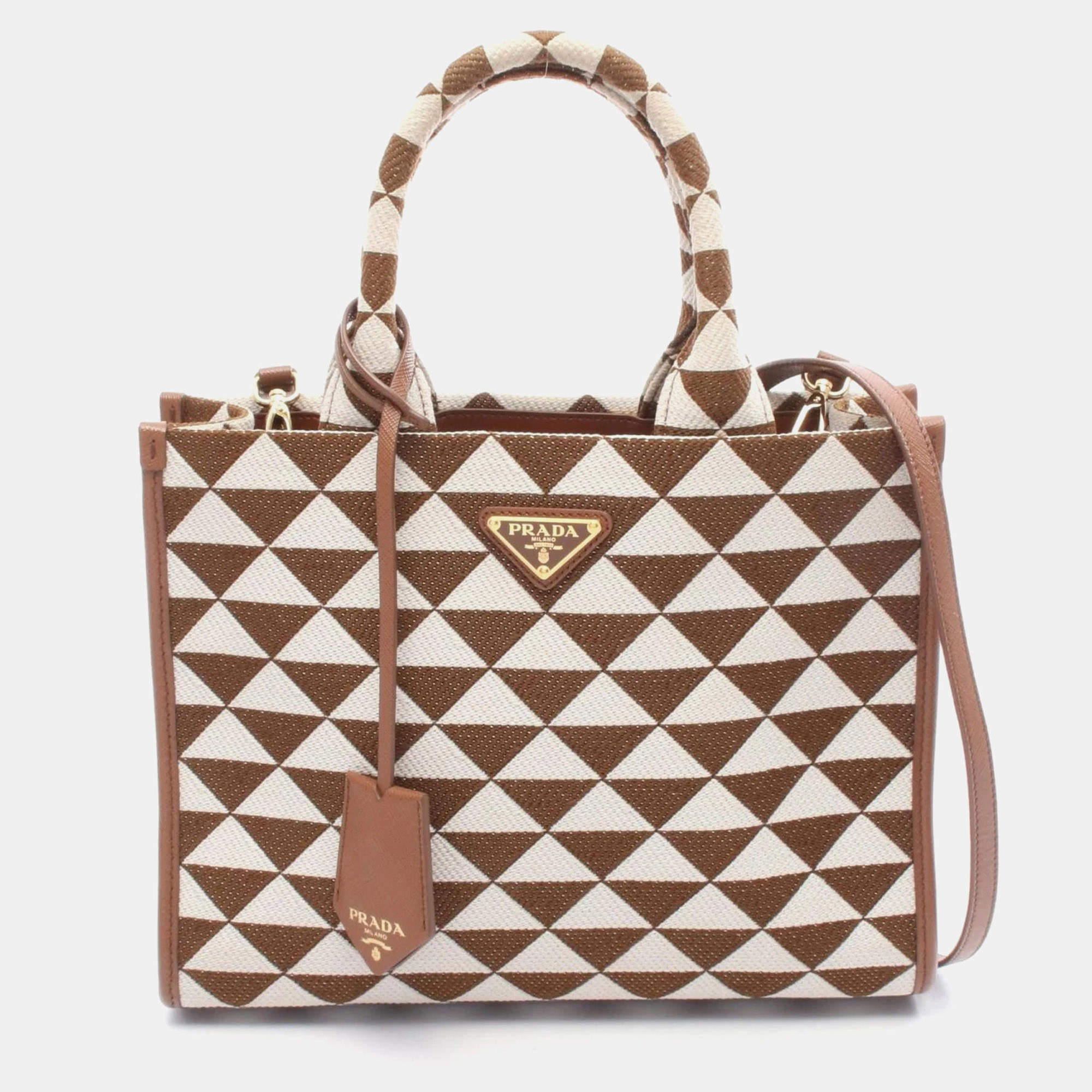 مملوكة مسبقًا Prada Symbol Small Tote Bag Canvas Brown And White