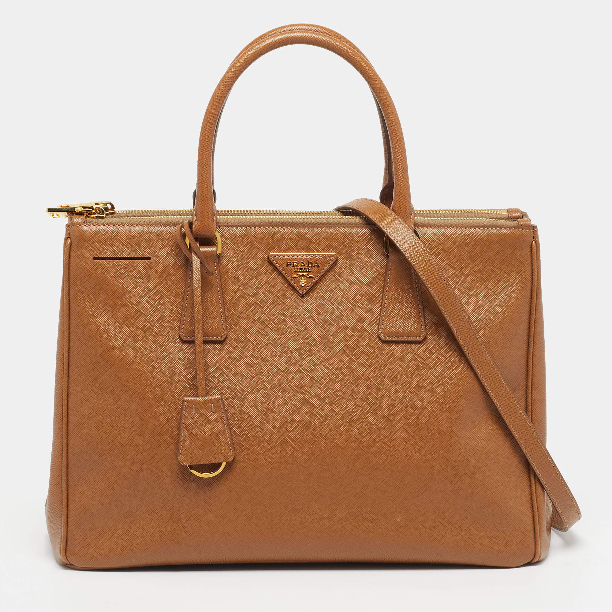 مملوكة مسبقًا Prada Double Zip Medium Brown Saffiano Leather Tote