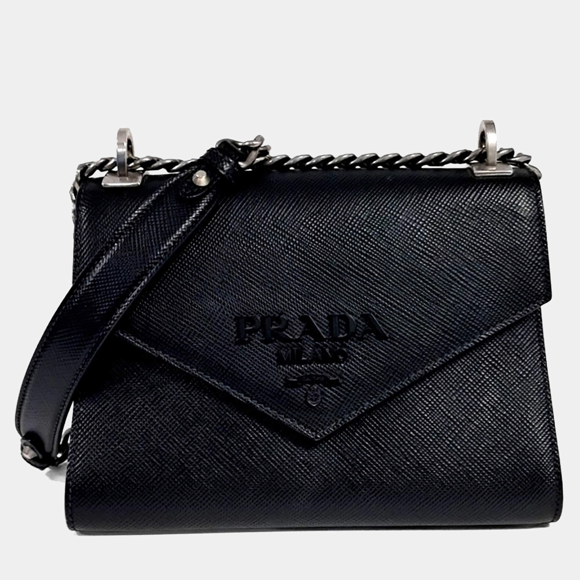 Pre Owned Prada Black Leather Monochrome Saffiano Shoulder Bag