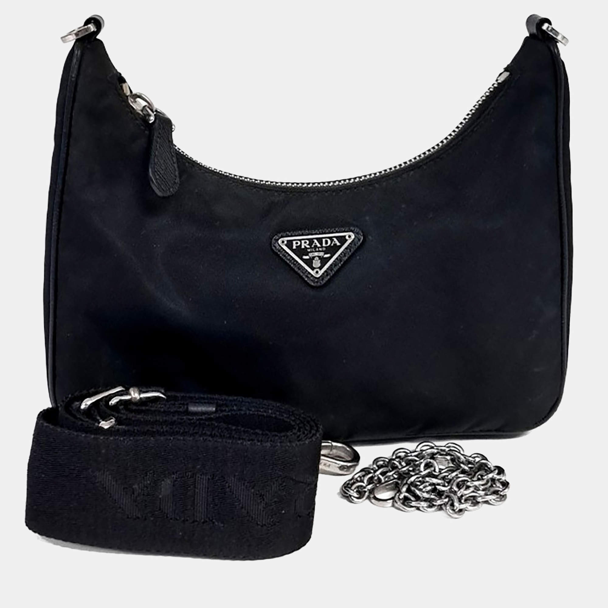 مملوكة مسبقًا Prada Black Nylon Re-Nylon Tessuto Chain Strap Hobo Bag