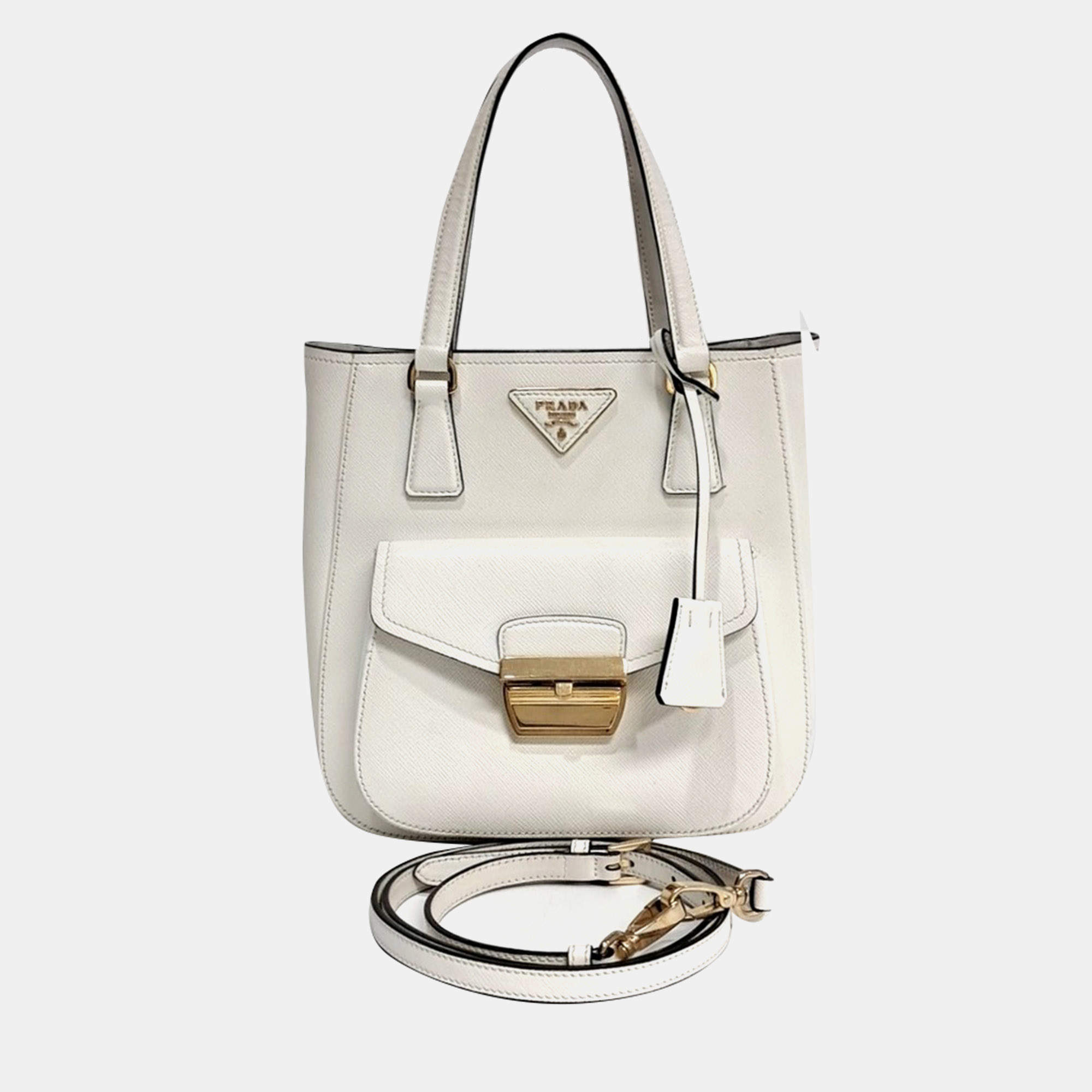 Pre Owned Prada White Leather Saffiano Luxe Tote And Shoulder Bag