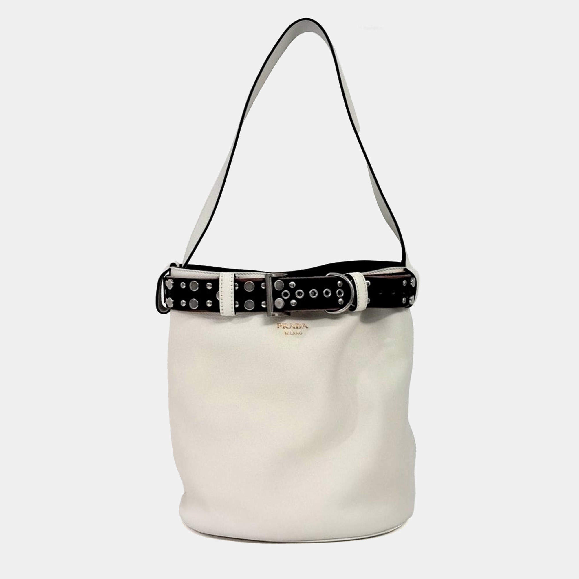 Pre Owned Prada White Buckle Leather Studded Belt Bucket Bag