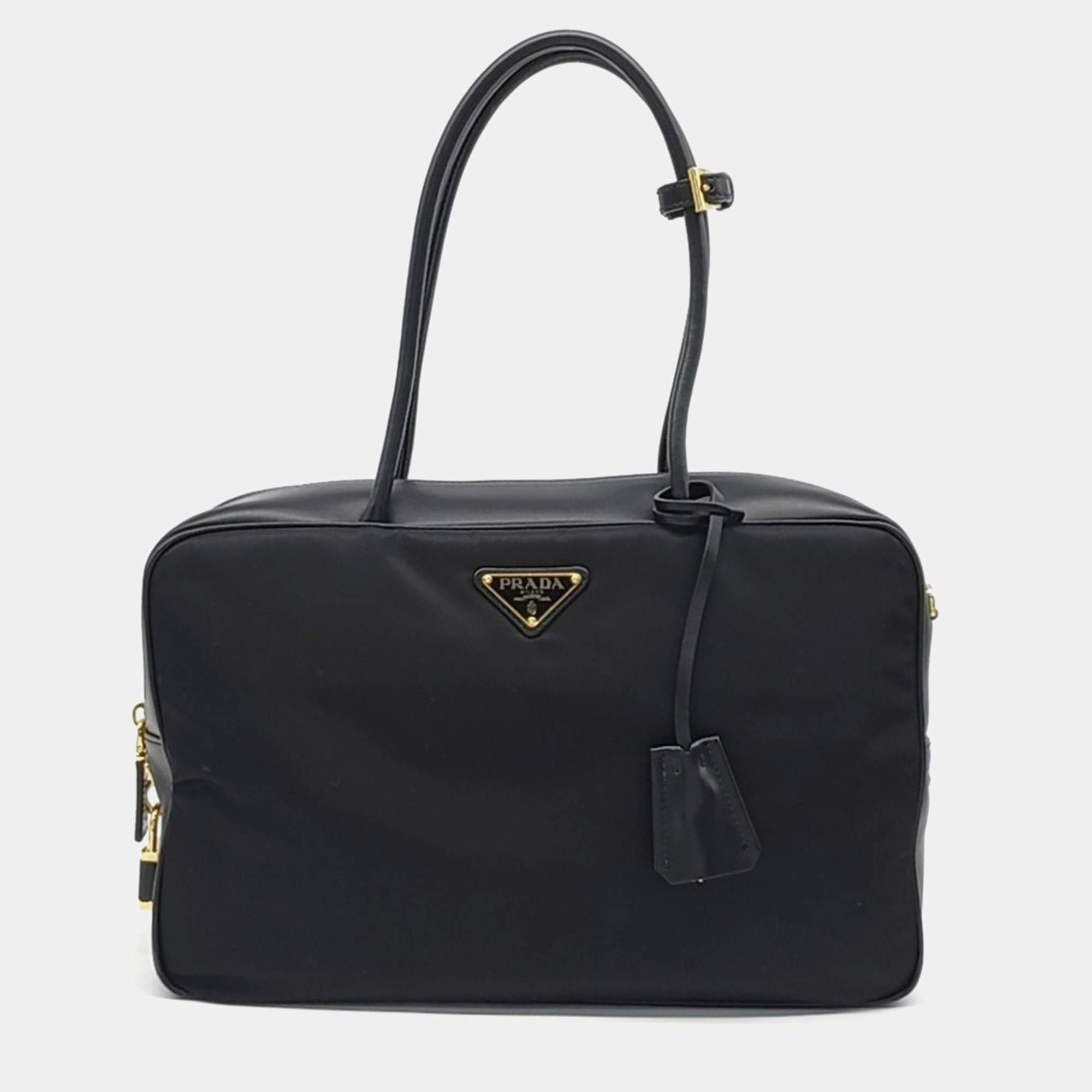 Pre Owned Prada Black Re-Ylon and Leather Top Handle Bag Large