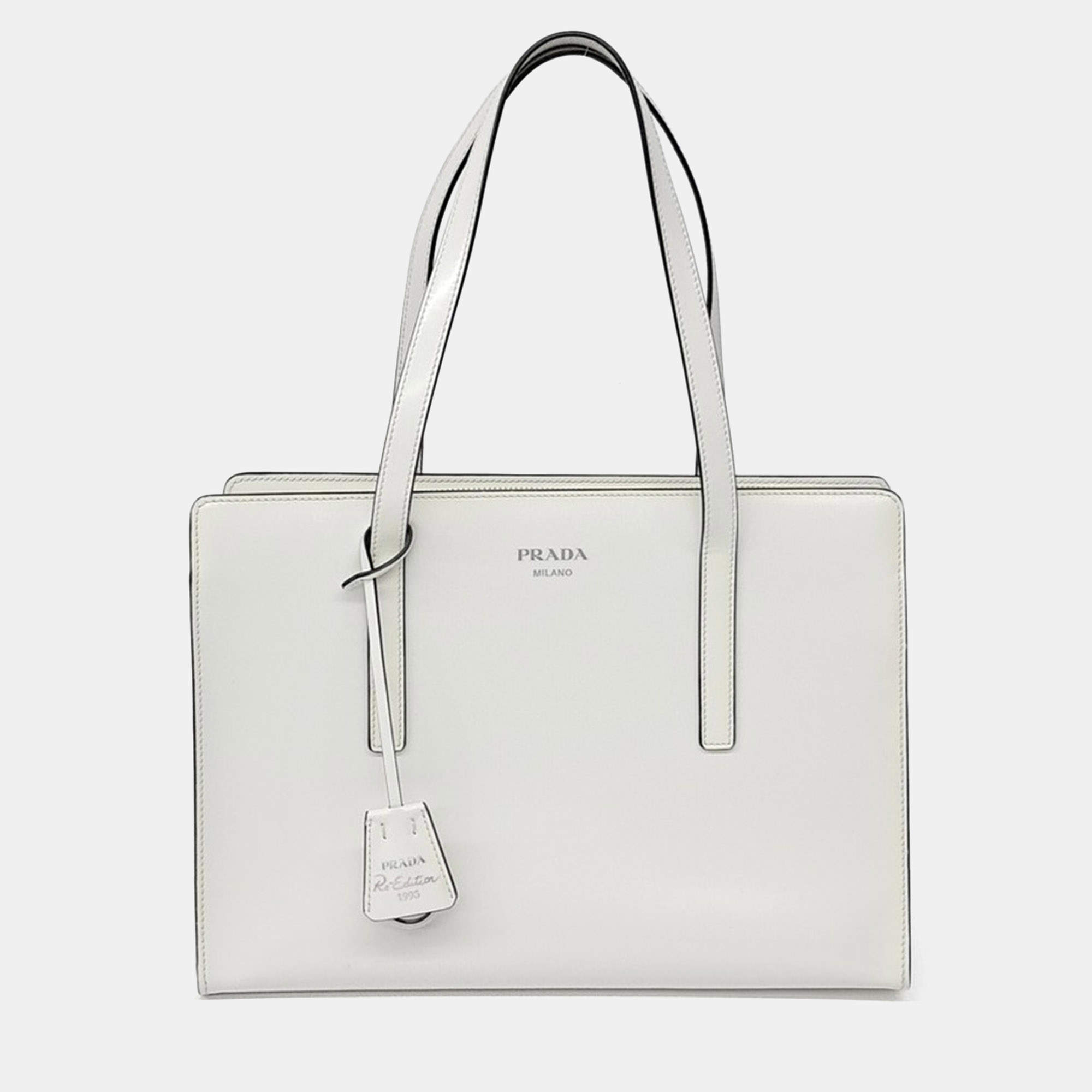 Pre Owned Prada White Leather Brushed Re-edition 1955 Tote Bag