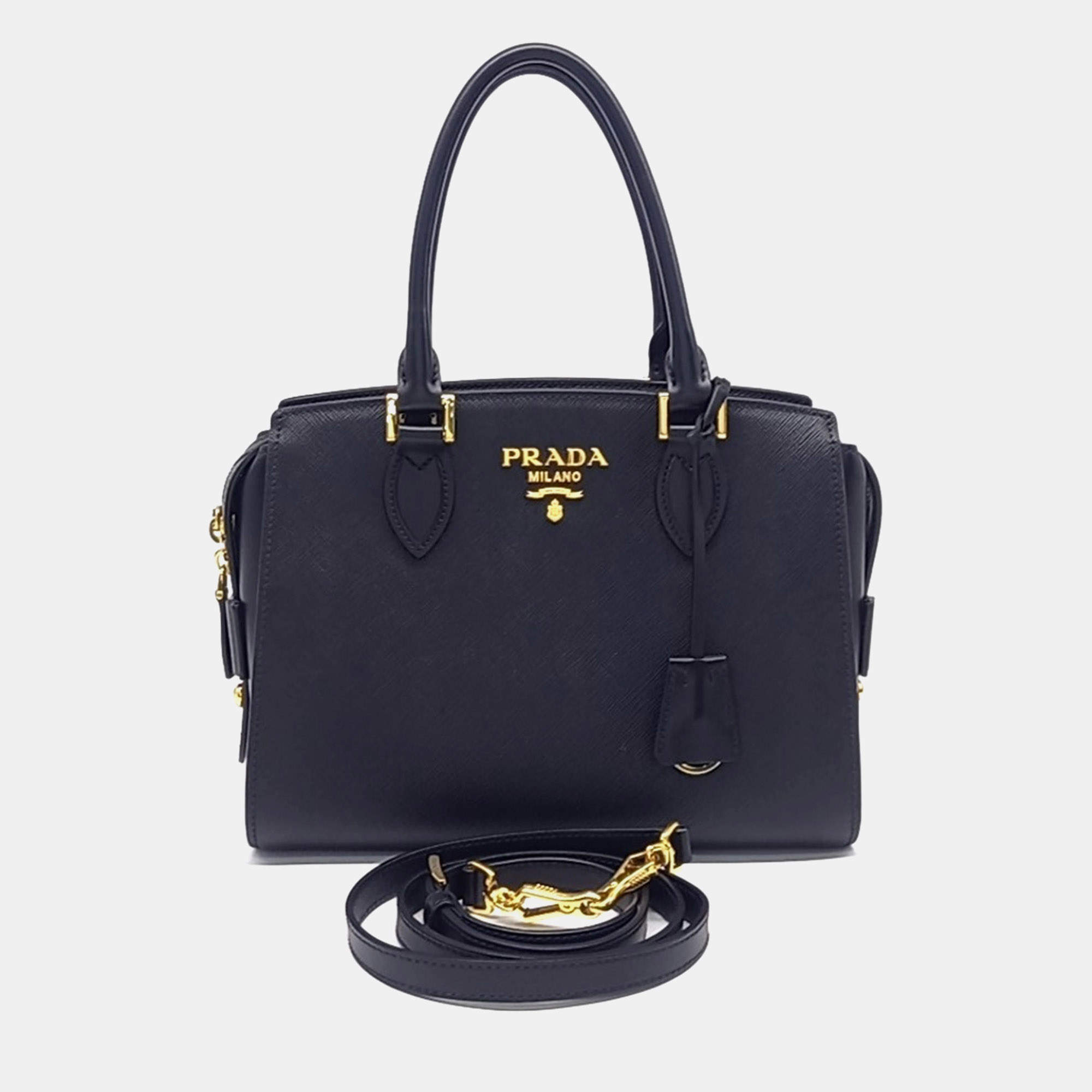 Pre Owned Prada Black Leather Saffiano Tote and Shoulder Bag