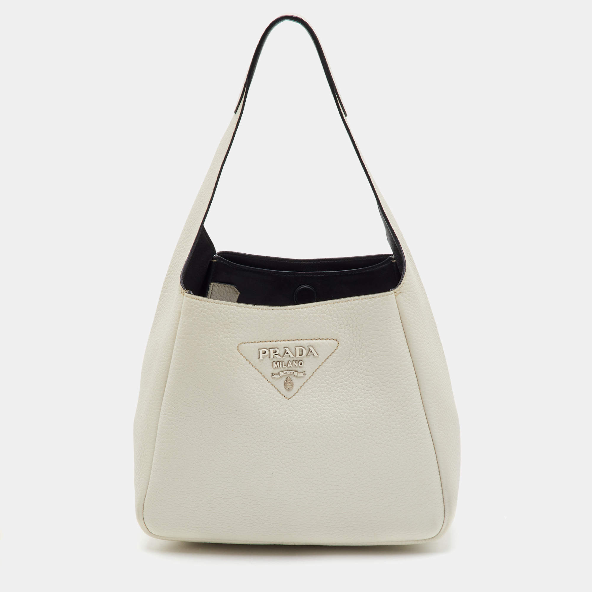 Pre Owned Prada Dynamique Small White Leather Logo Plaque Hobo