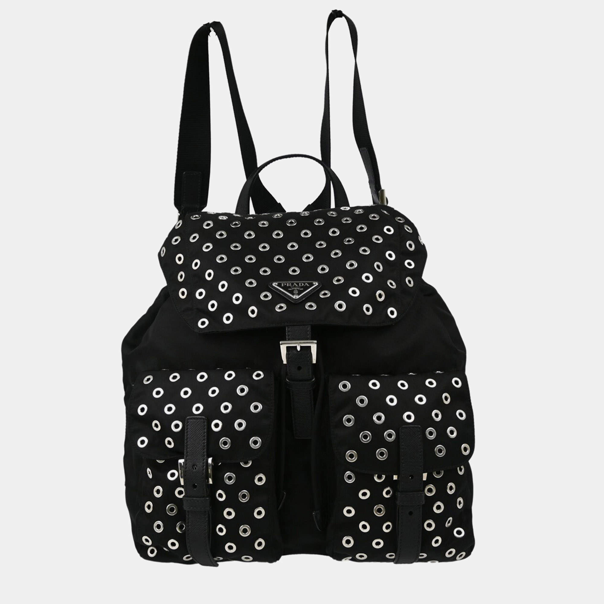 Pre Owned Prada Grommet Embellished Tessuto Medium Black Nylon Backpack Bag