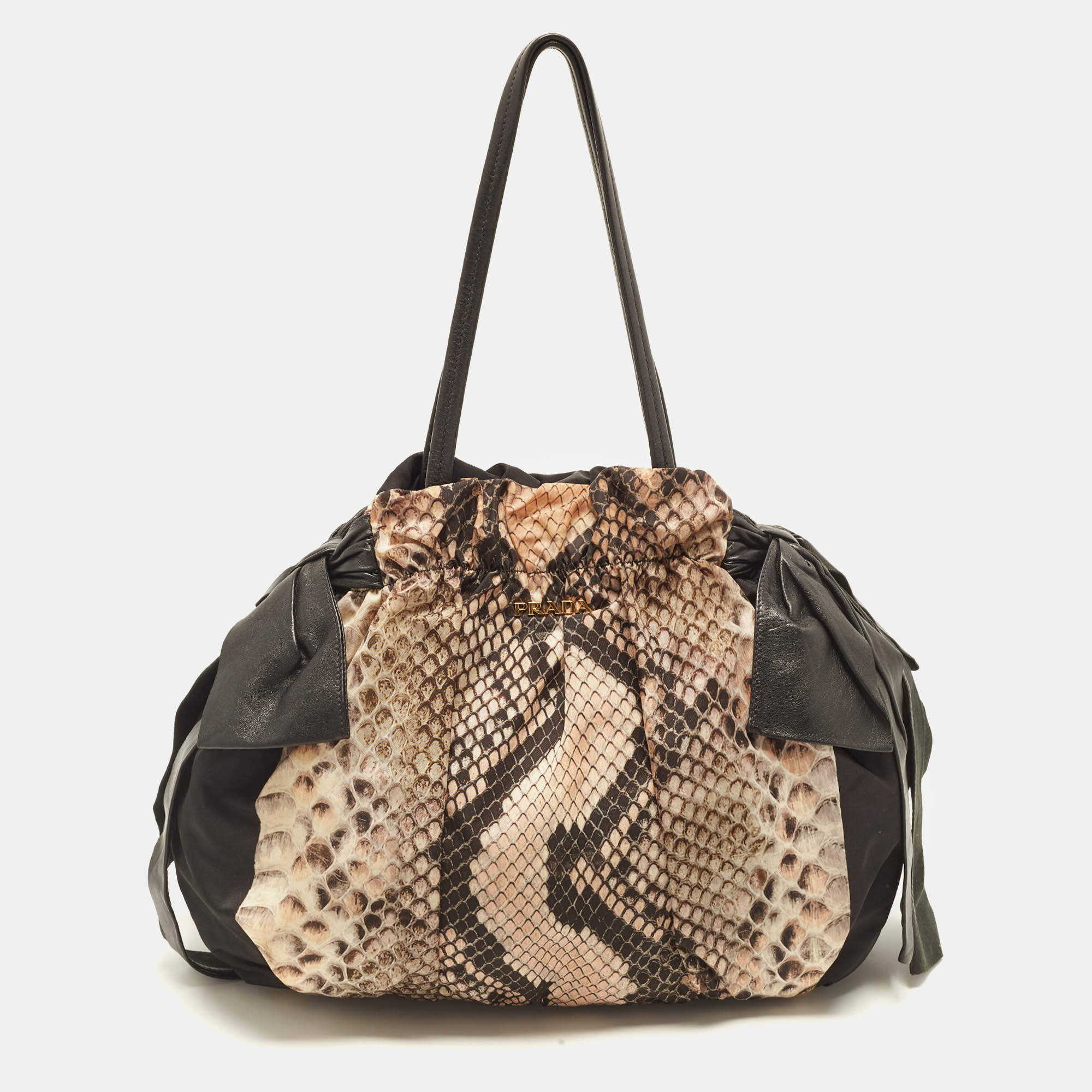 Pre Owned Prada Side Bow Black/Beige Python Printed Nylon and Leather Shoulder Bag