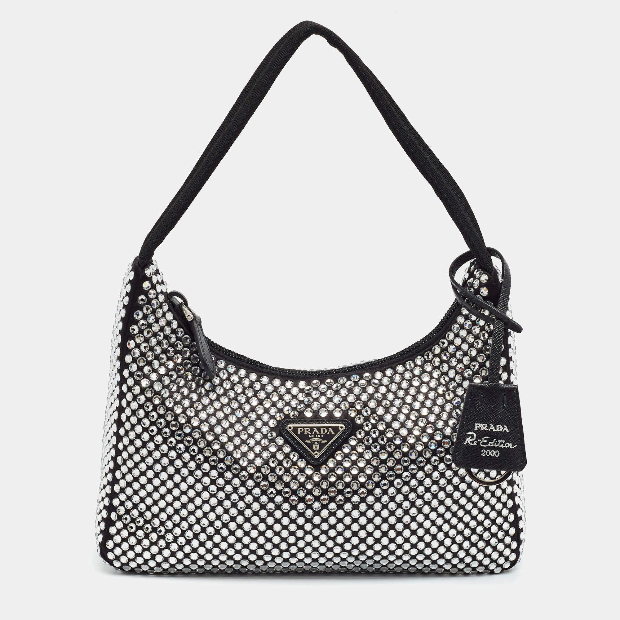 Pre Owned Prada Re-Edition 2000 Black Satin and Crystals Shoulder Bag