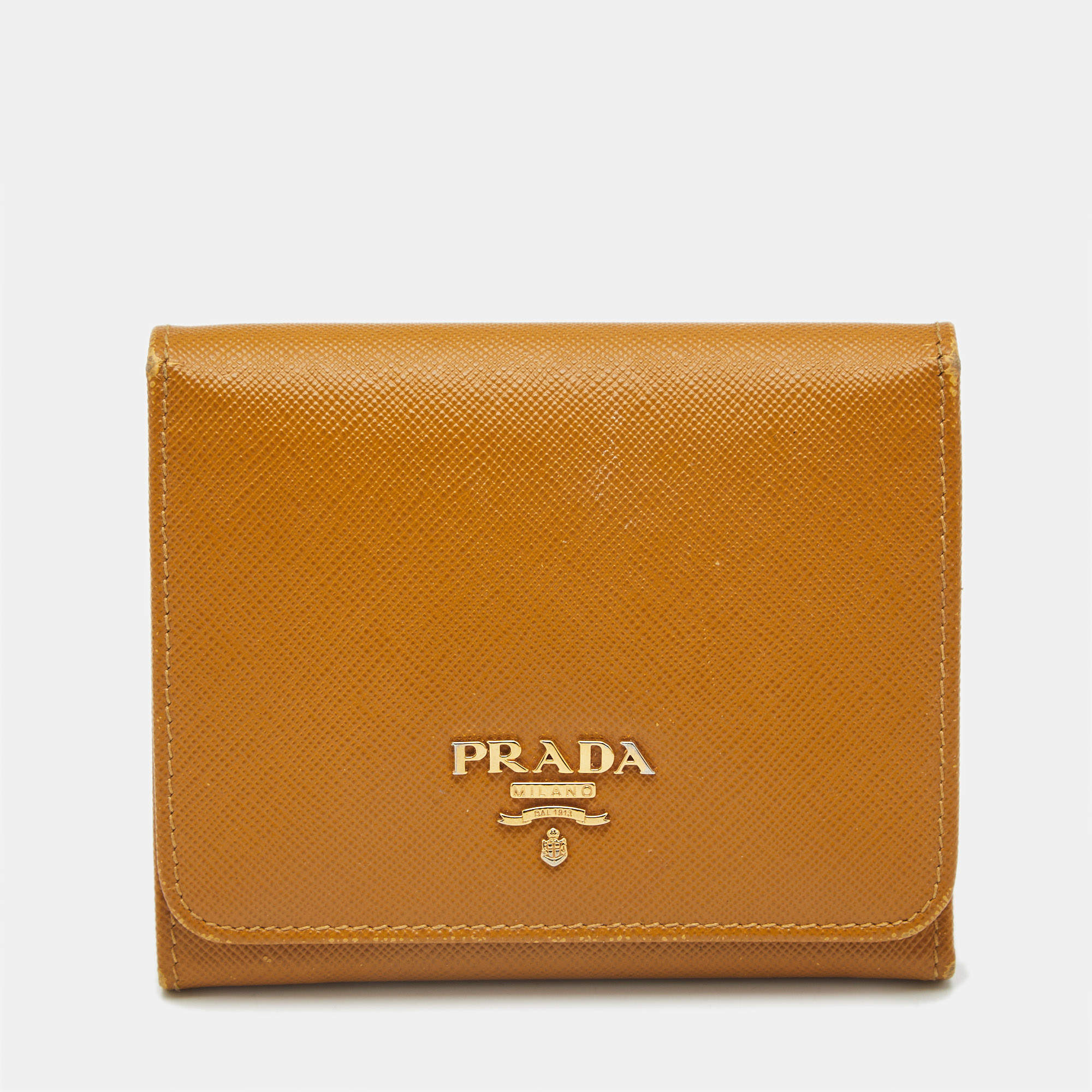 Pre Owned Prada Logo Mustard Saffiano Metal Leather Trifold Wallet