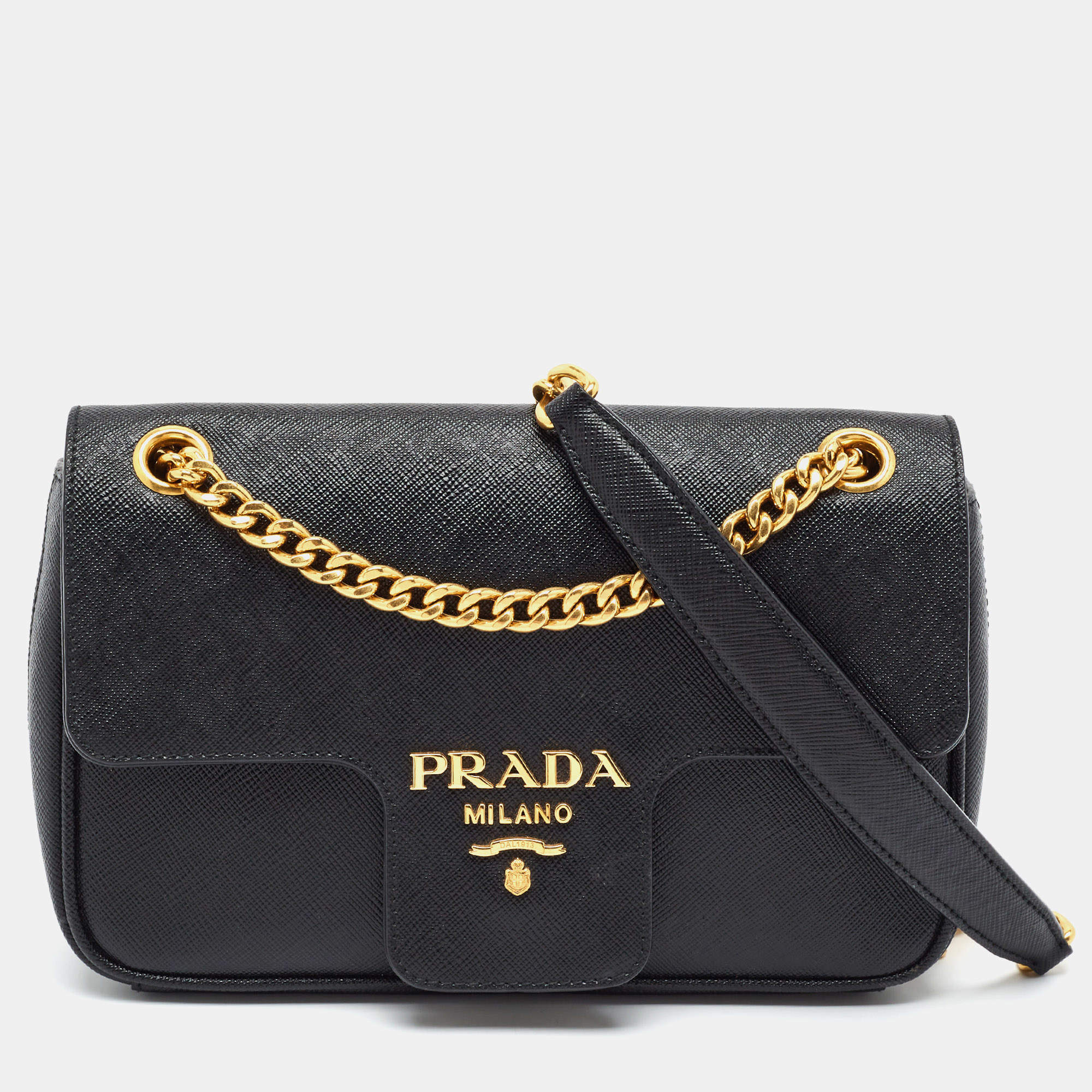 Pre Owned Prada Pattina Flap Black Saffiano Lux Leather Crossbody Bag