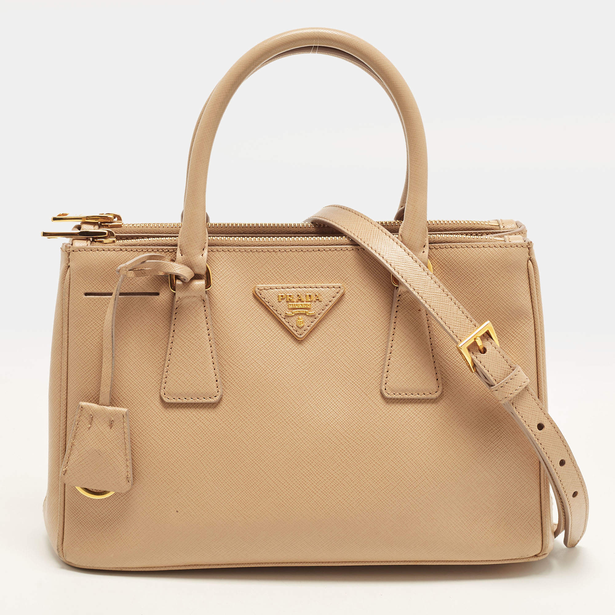 Pre Owned Prada Galleria Double Zip Small Beige Saffiano Lux Leather Tote