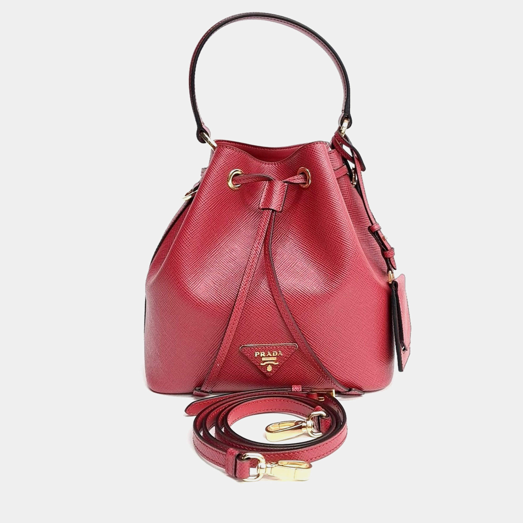 Pre Owned Prada Red Saffiano Bucket Tote and Crossbody Bag (1BE032)