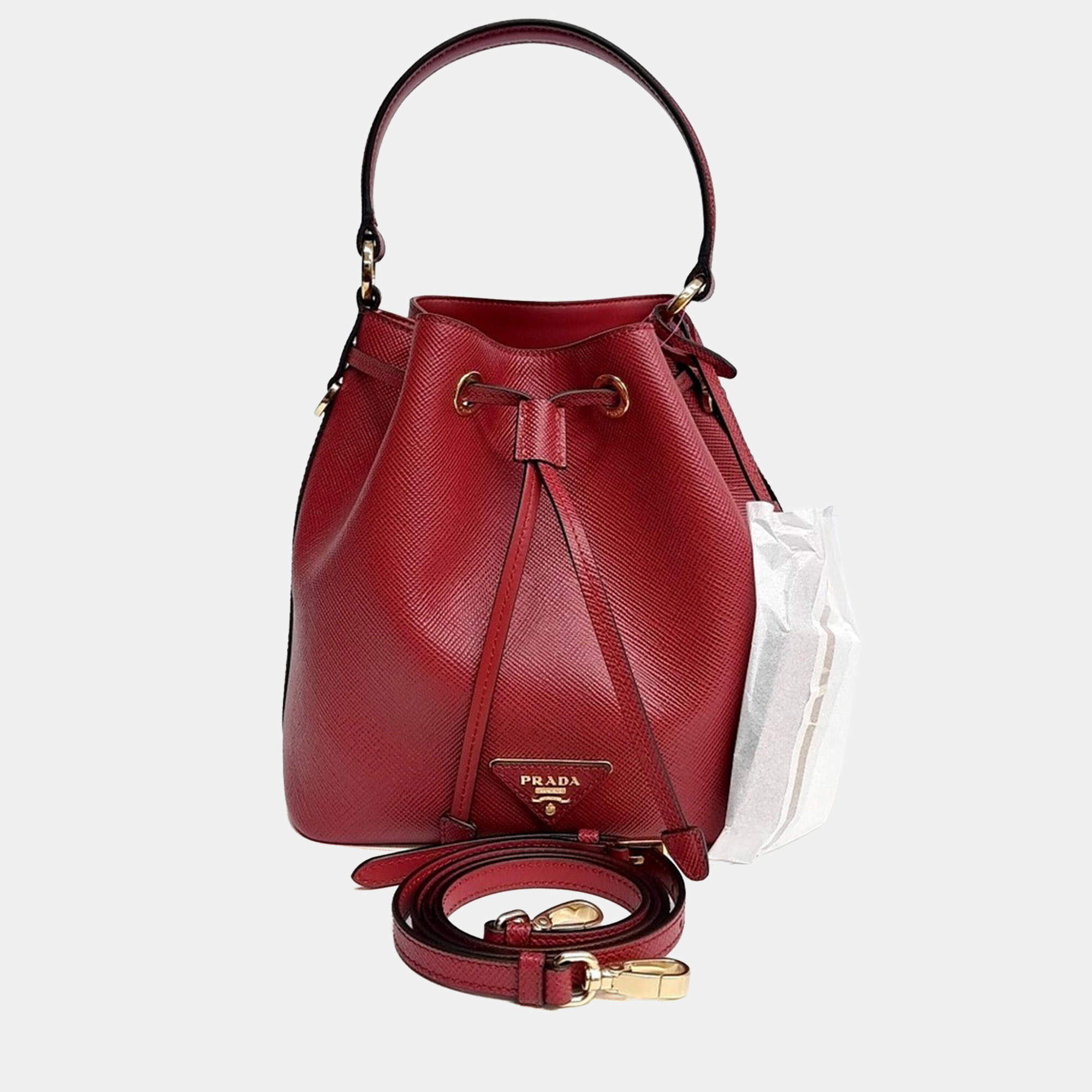 Pre Owned Prada Red Saffiano Bucket Tote and Crossbody Bag (1BE032)