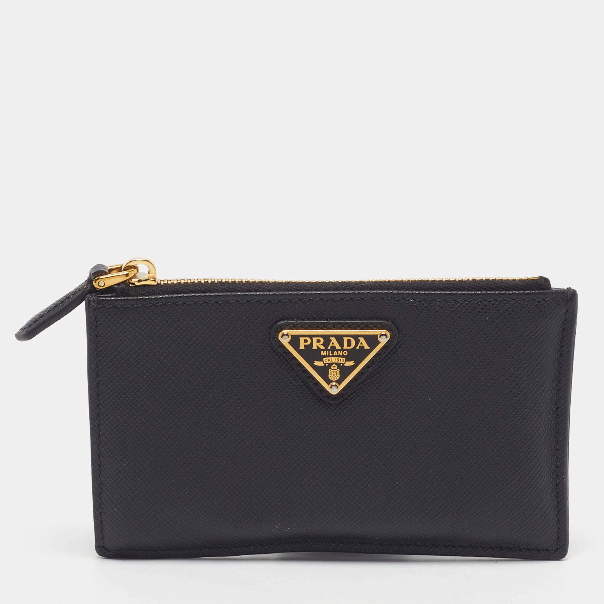 Pre Owned Prada Tiangle Logo Black Saffiano Metal Leather Zip Card Case