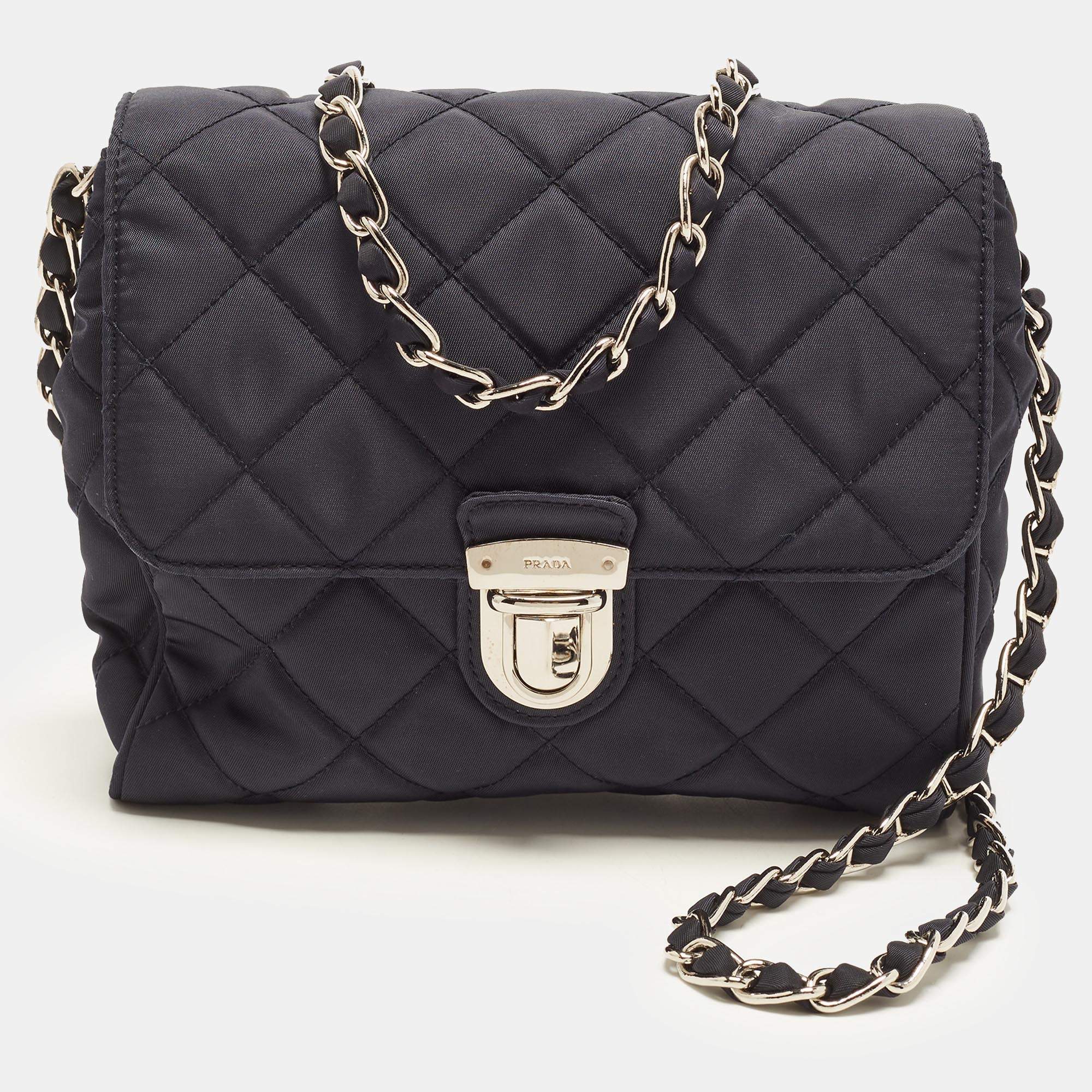 Pre Owned Prada Navy Blue Impuntu Nylon Flap Crossbody Bag