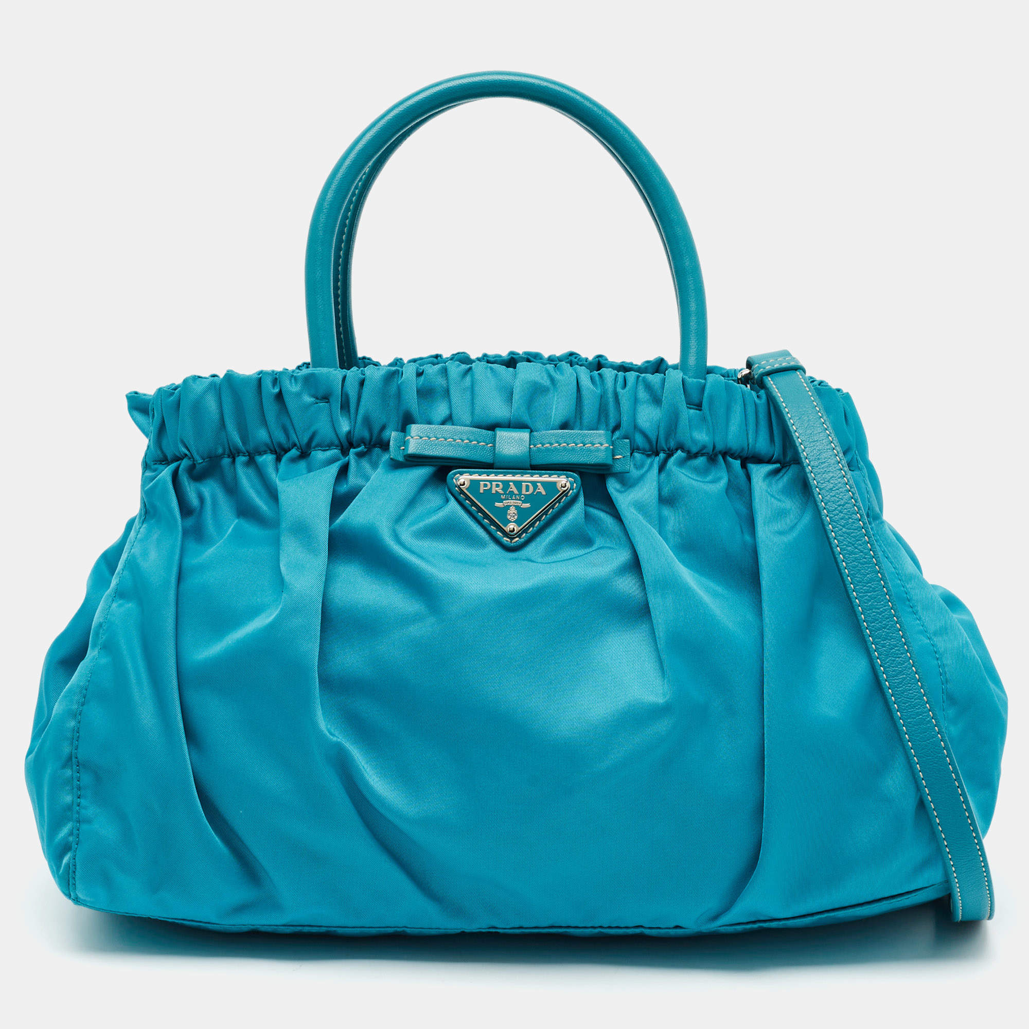 Pre Owned Prada Bow Gaufre Blue Leather and Nylon Tote