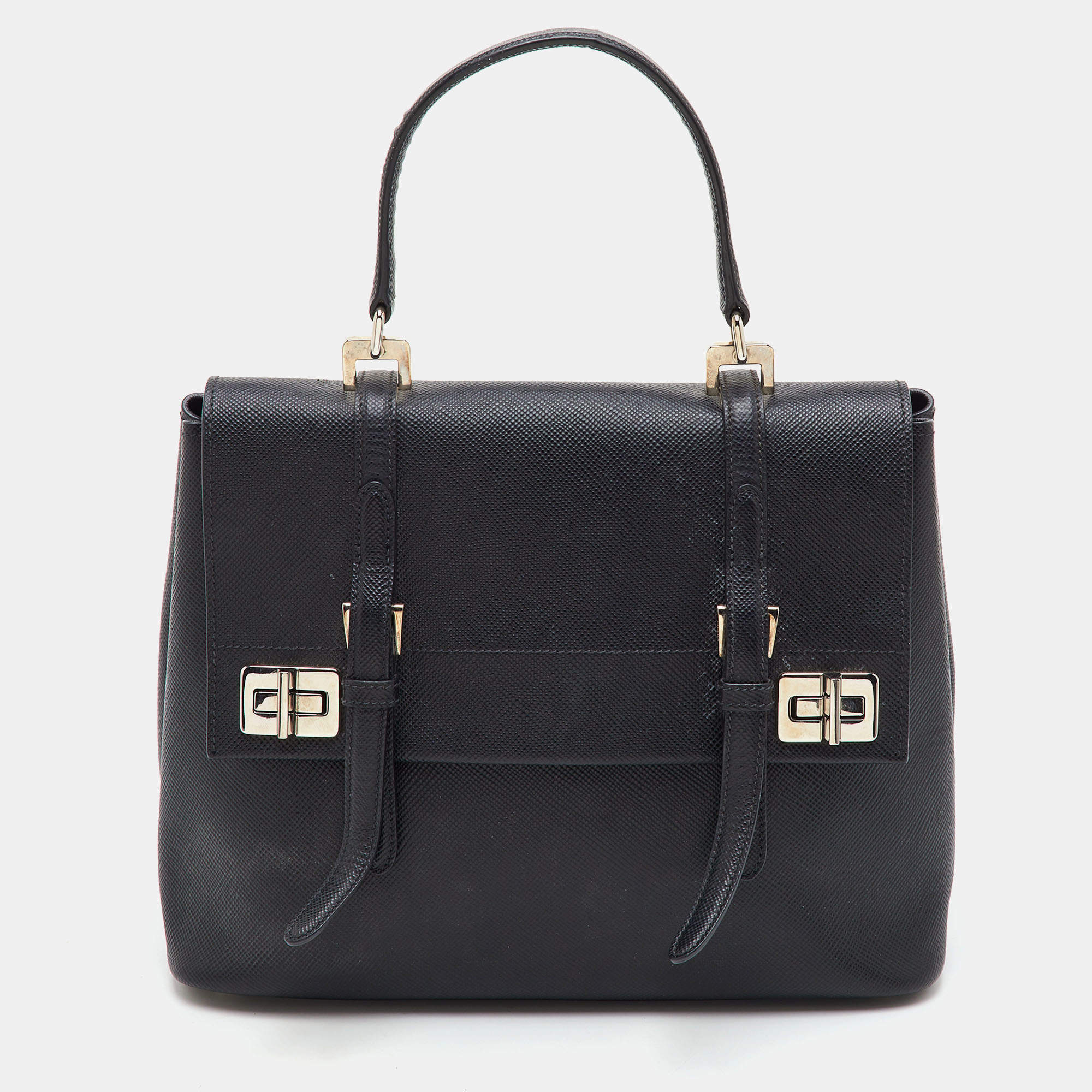 مملوكة مسبقًا Prada Turn-Lock Black Leather Flap Top Handle Bag