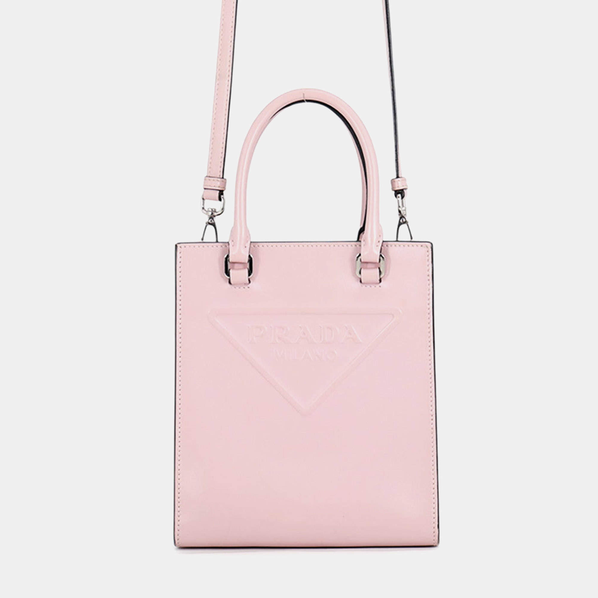 Pre Owned Prada Embossed Triangle Mini Pink Leather Top Handle Bag