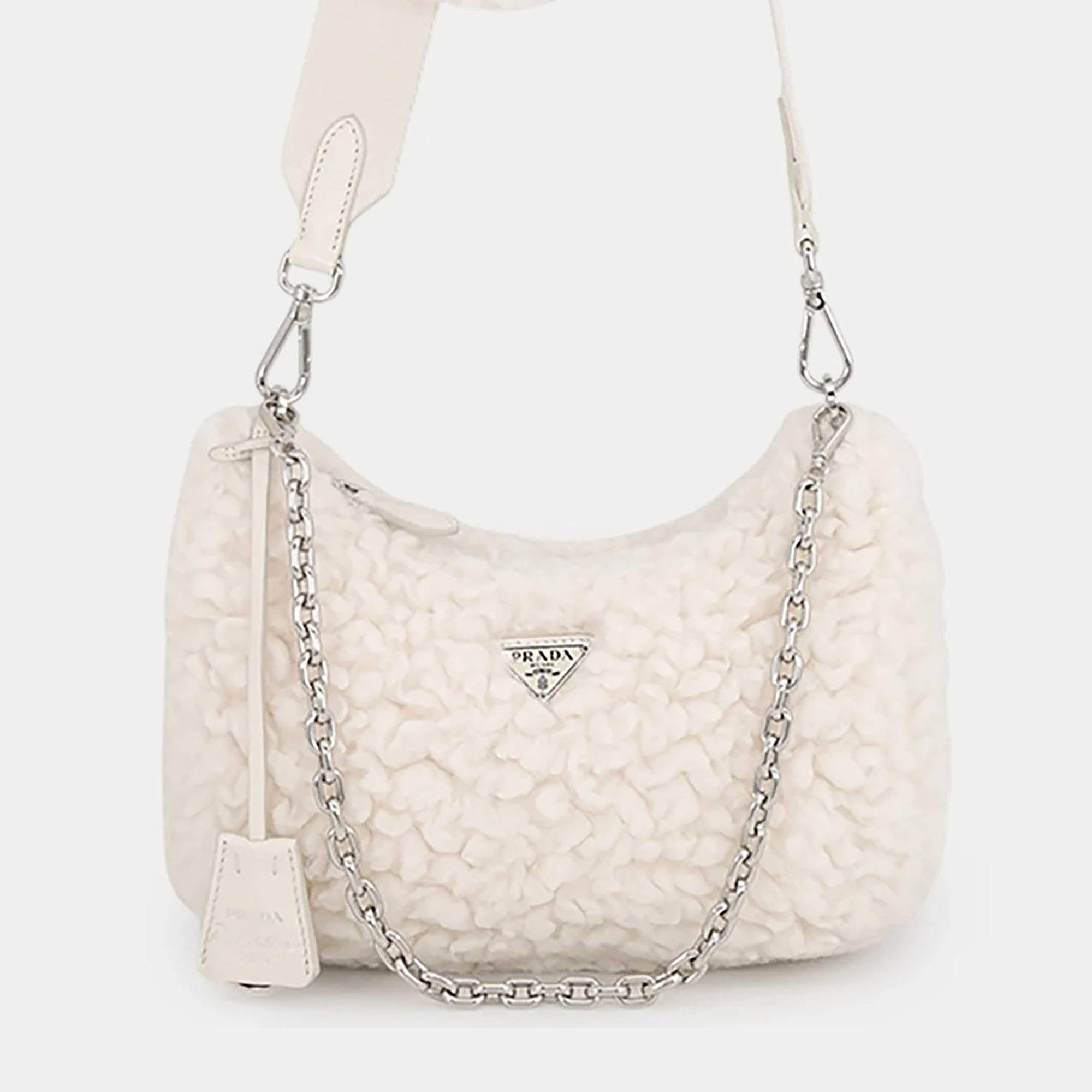 Pre Owned Prada Re-Edition 2005 White Wool Cashmere Shoulder Bag