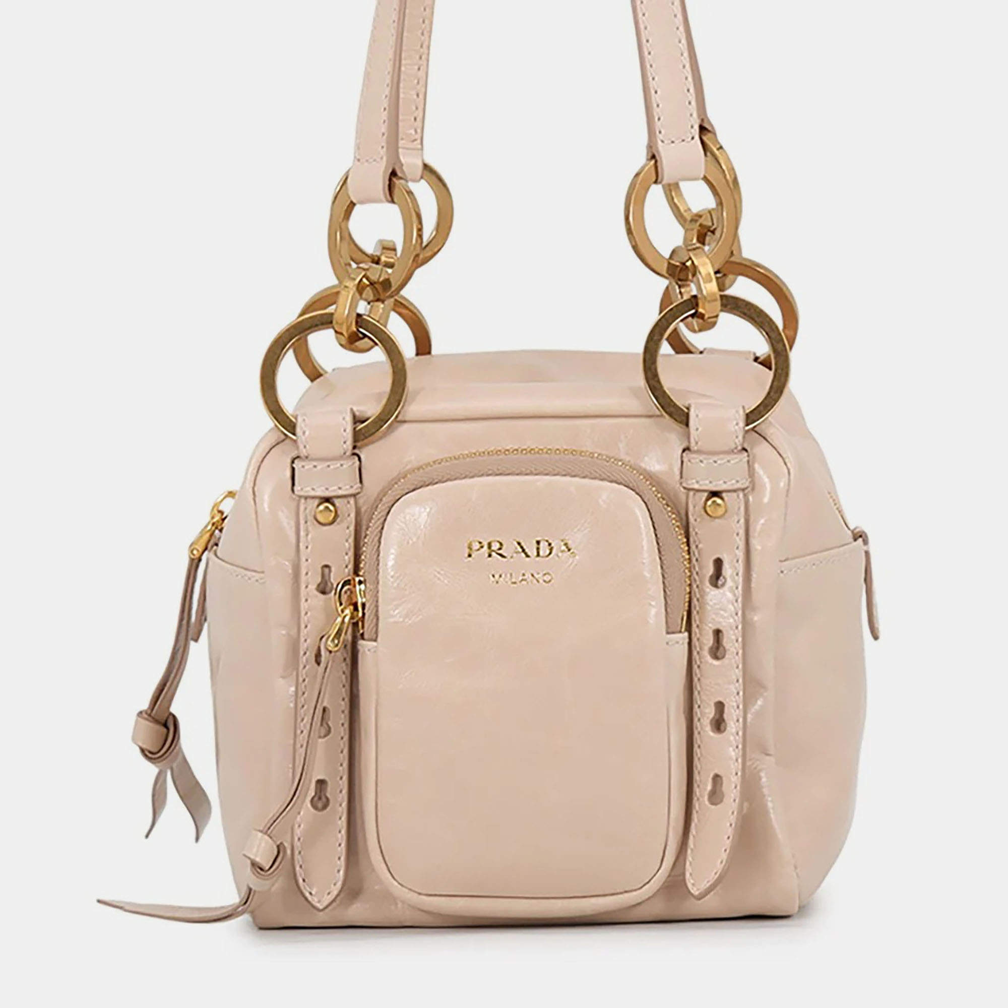 Pre Owned Prada Dangle Mini Beige Leather Top Handle Bag