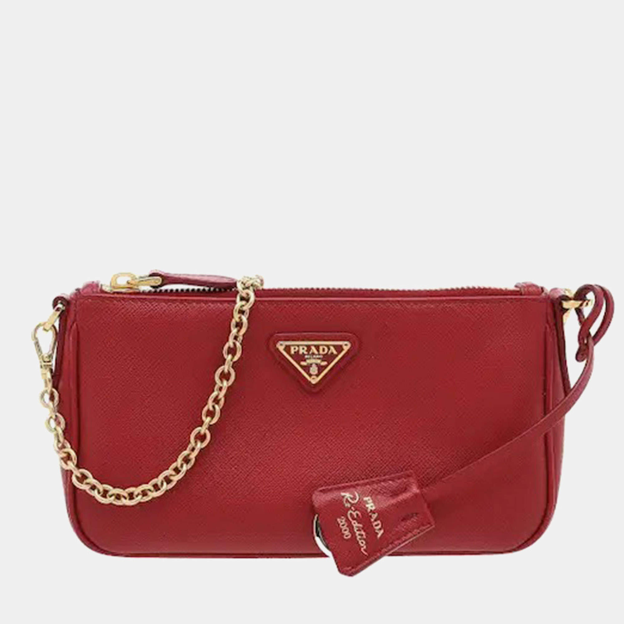 Pre Owned Prada Re -Edition 2000 Mini Rosso Saffiano Leather Chain Shoulder Bag