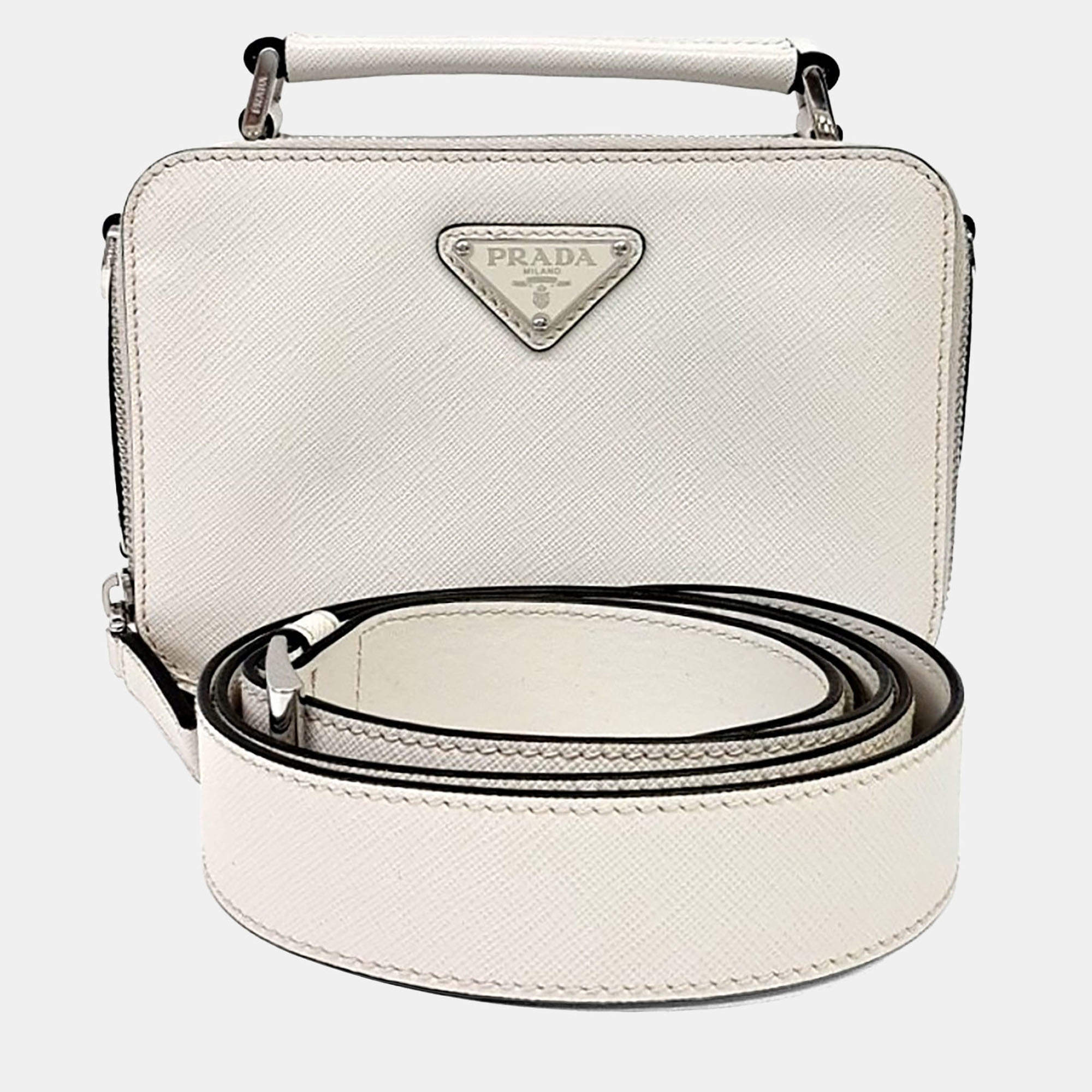 Pre Owned Prada Cream Leather Saffiano Travel Crossbody Bag (2VH070)