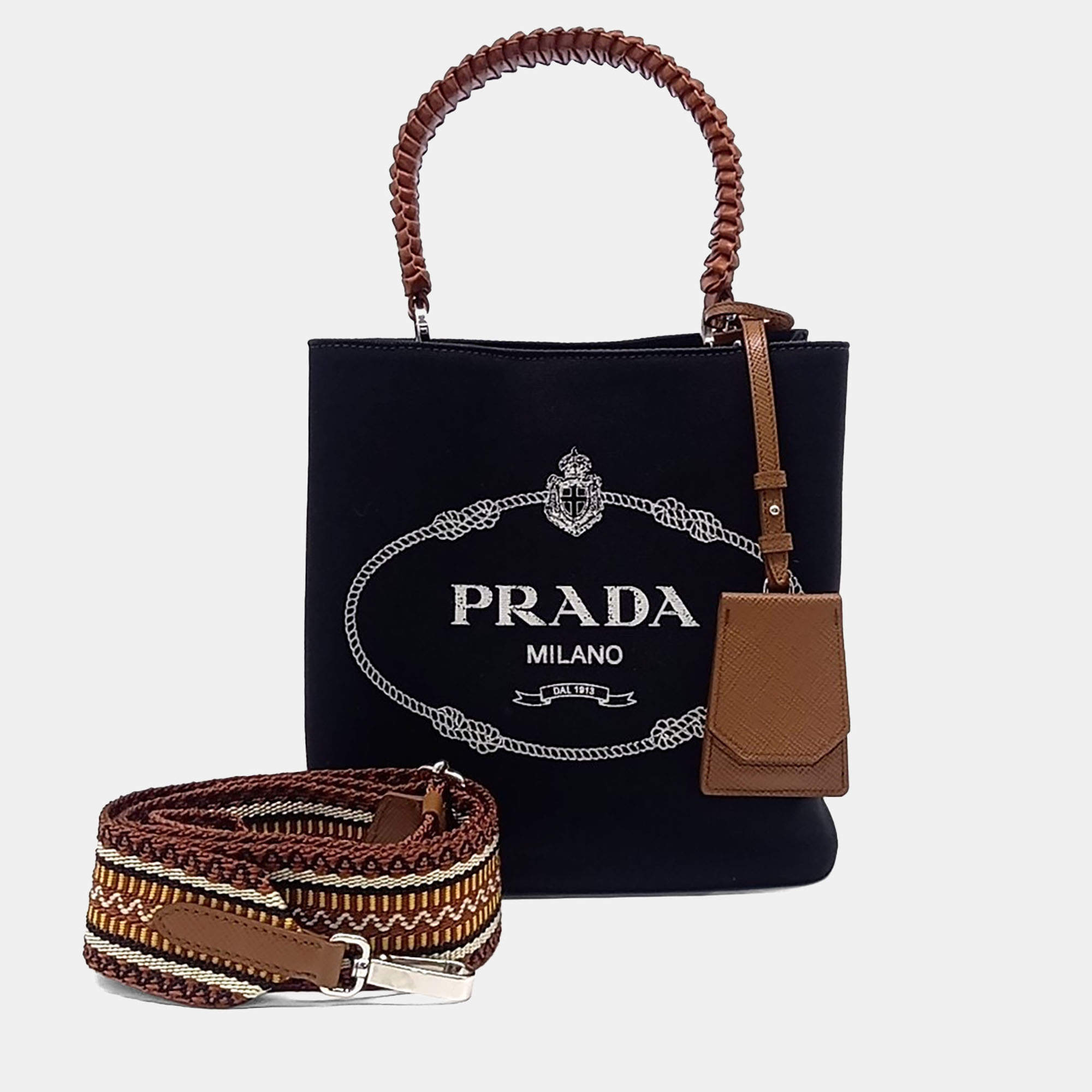 Pre Owned Prada Black Brown Fabric Tote and Shoulder bag