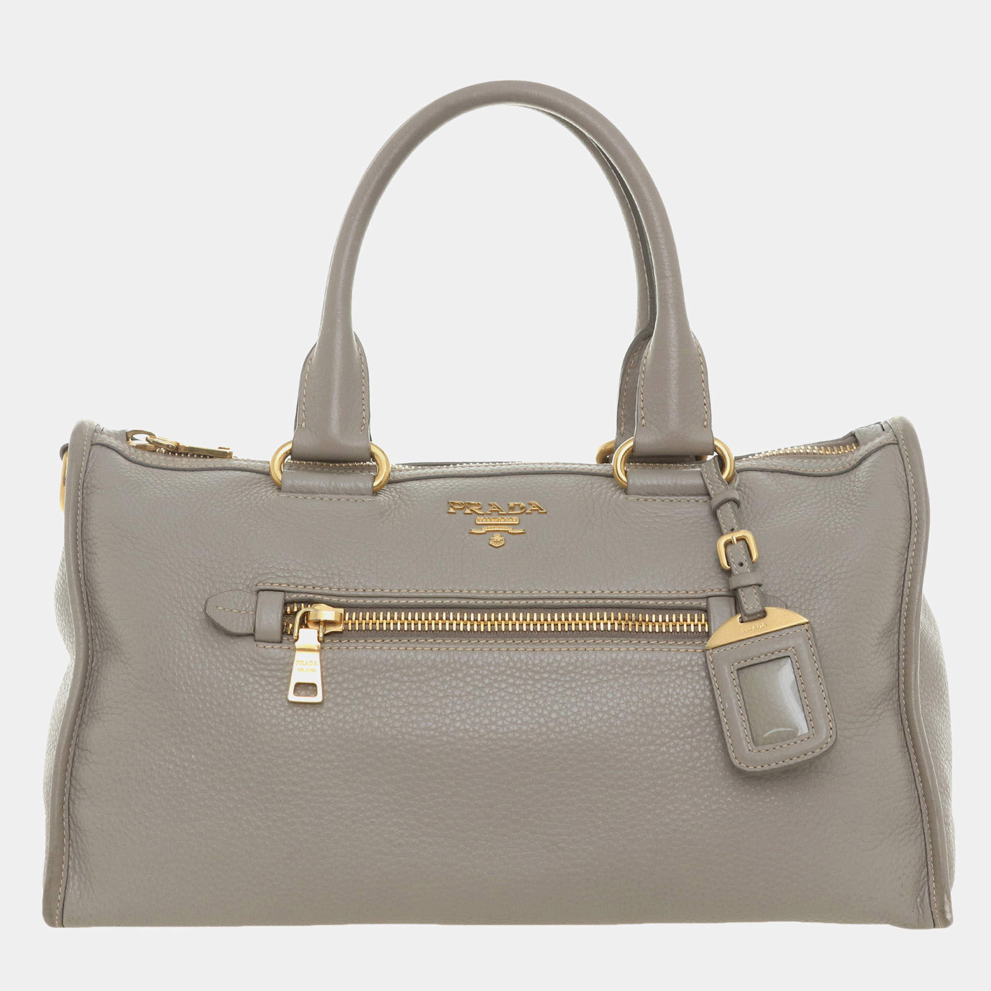 Pre Owned Prada Grey Leather Logo Zip Satchel Tote