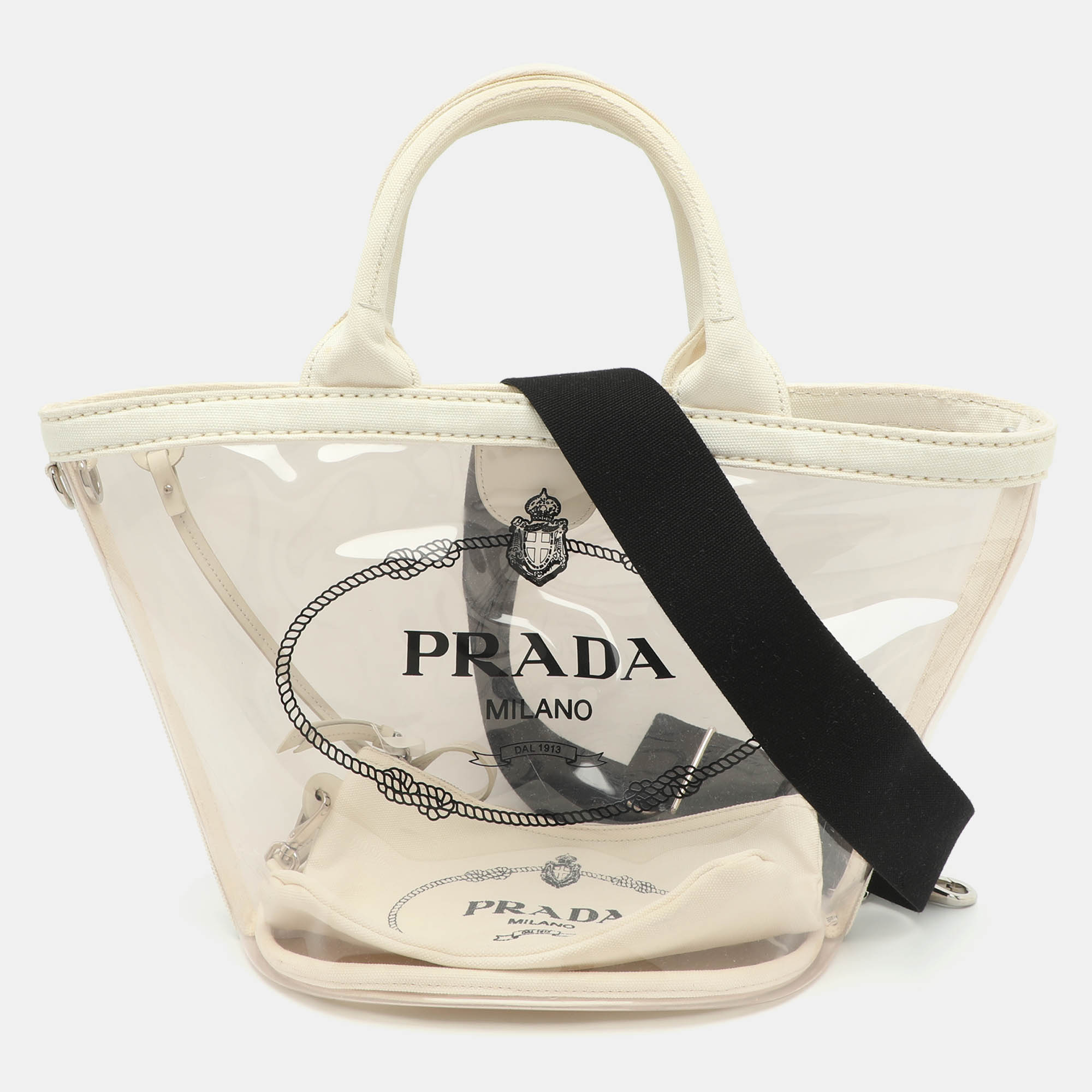 مملوكة مسبقًا Prada Logo Transparent/White PVC and Canvas Tote