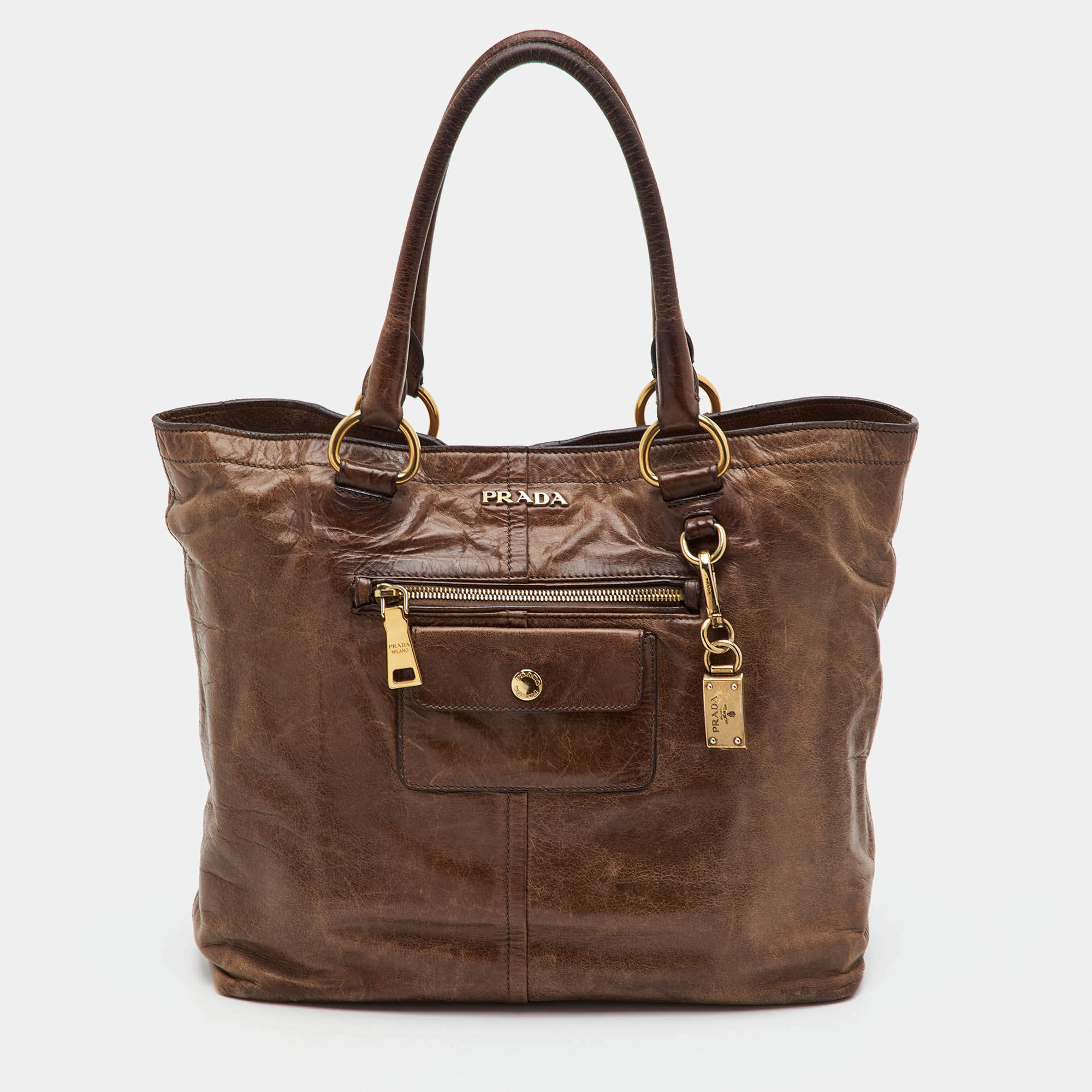 مملوكة مسبقًا Prada Brown Vitello Shine Leather Shopper Tote