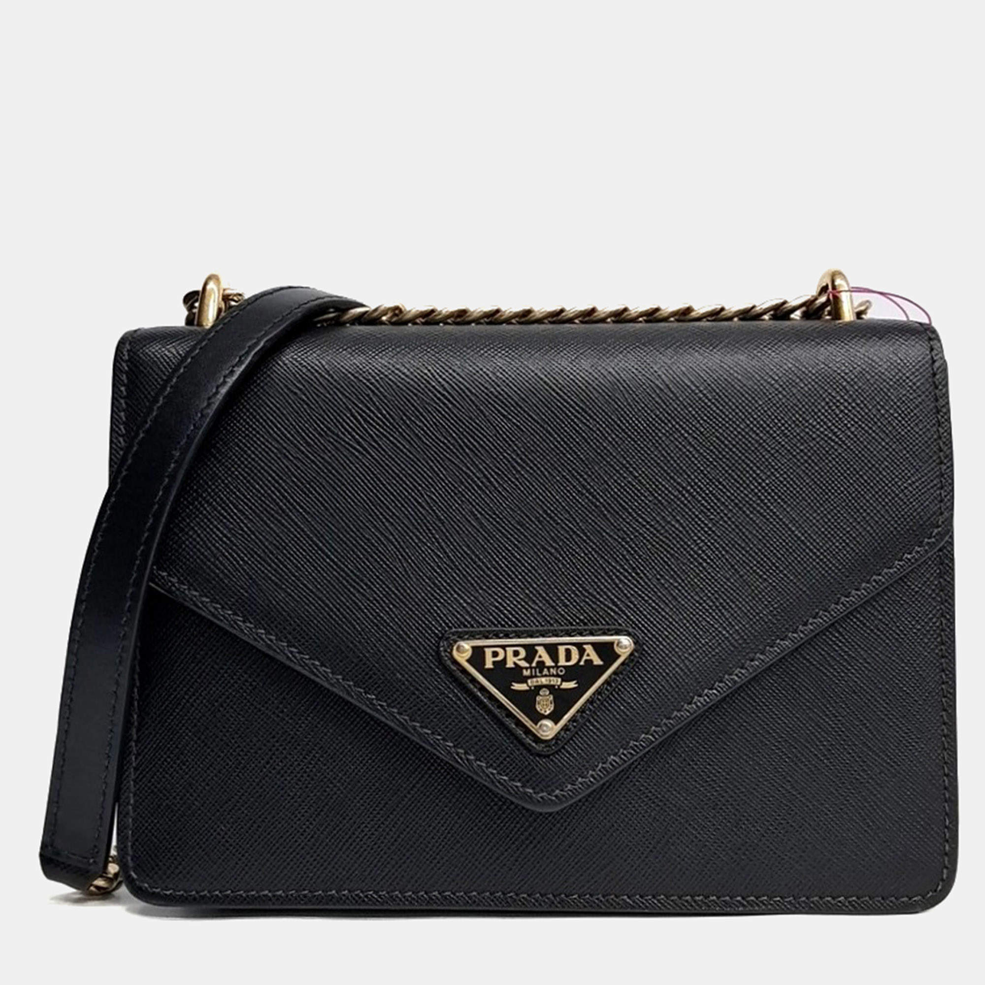 Pre Owned Prada Black Leather Saffiano Chain Shoulder Bag (1BD200)