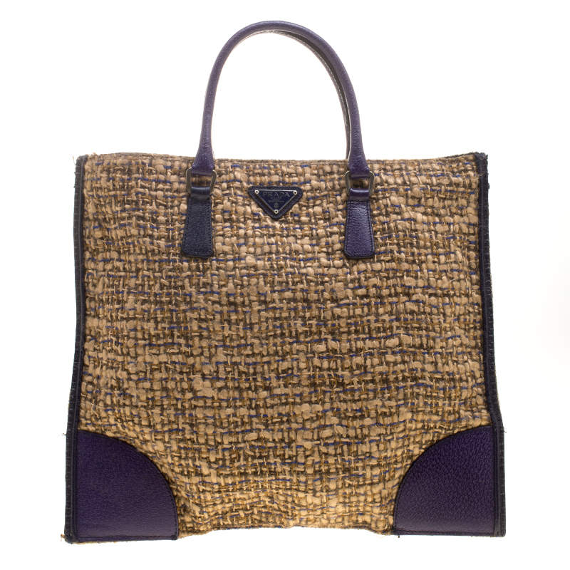 Prada Beige/Purple Tweed and Leather Flat Tote