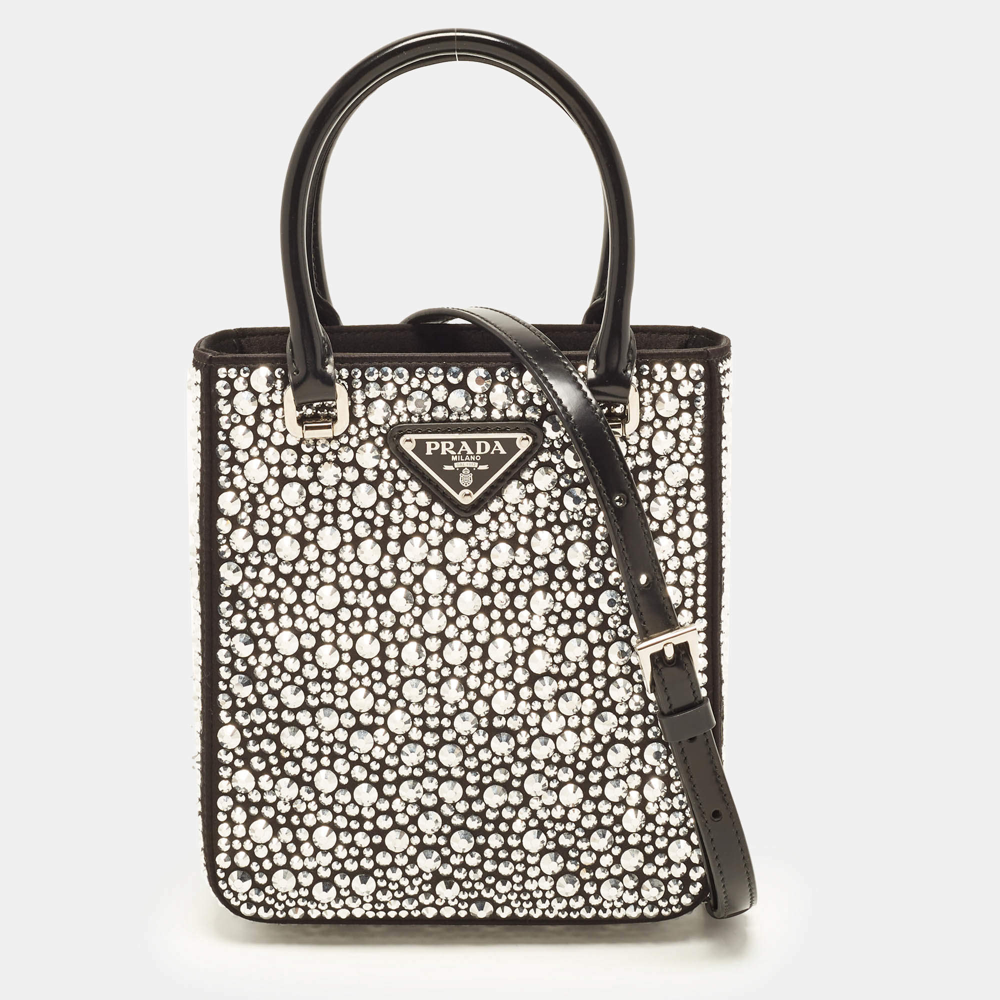 Pre Owned Prada Panier Small Black Satin Crystal Embellished Tote