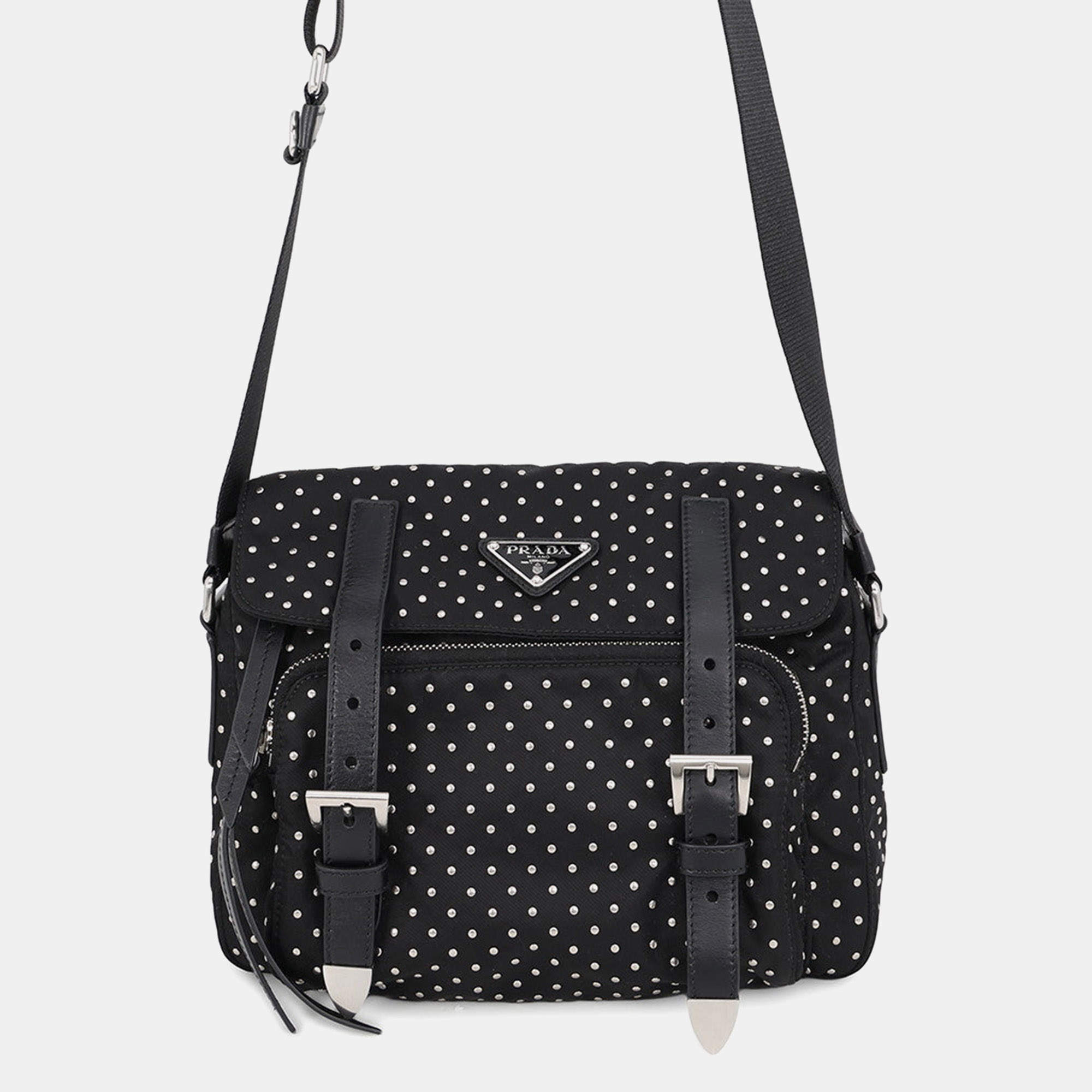مملوكة مسبقًا Prada Studded Flap Black Nylon Crossbody Bag