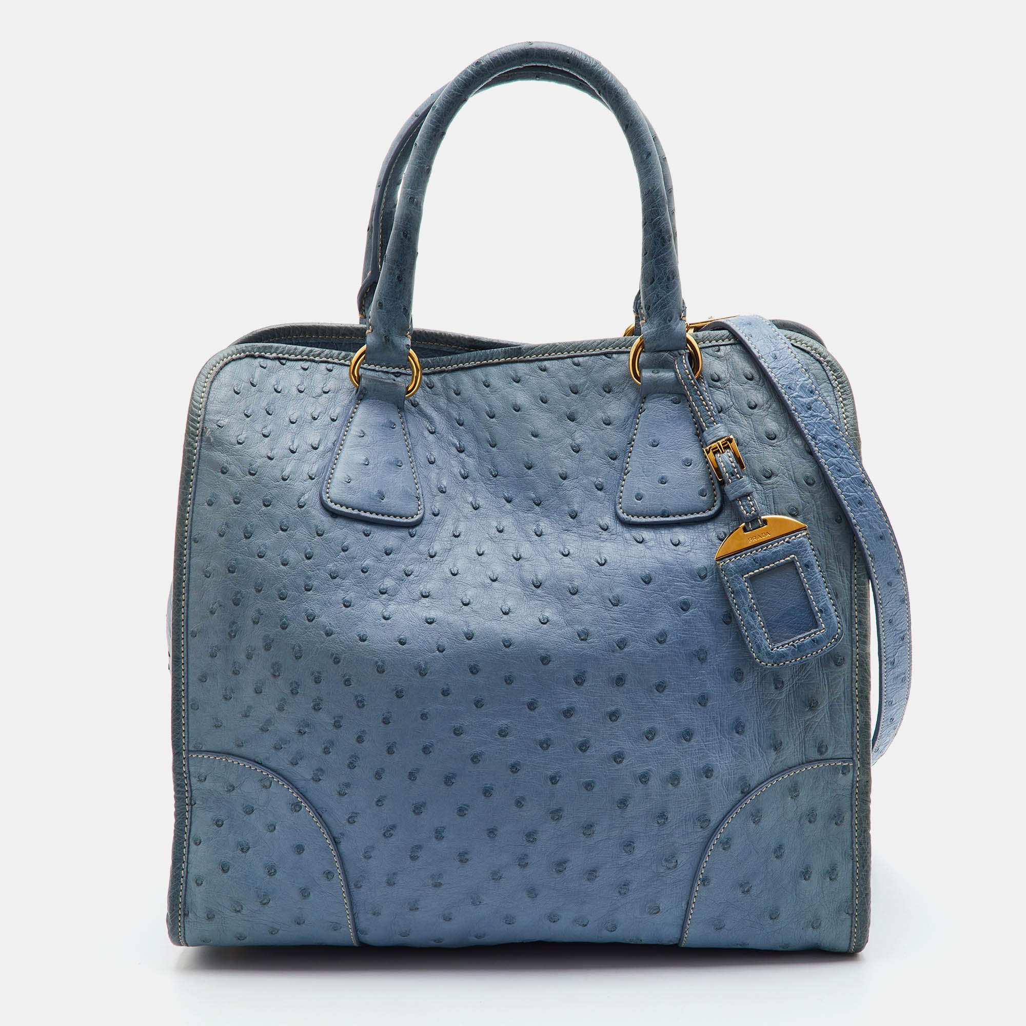 Pre Owned Prada Pomice Medium Blue Ostrich Tote