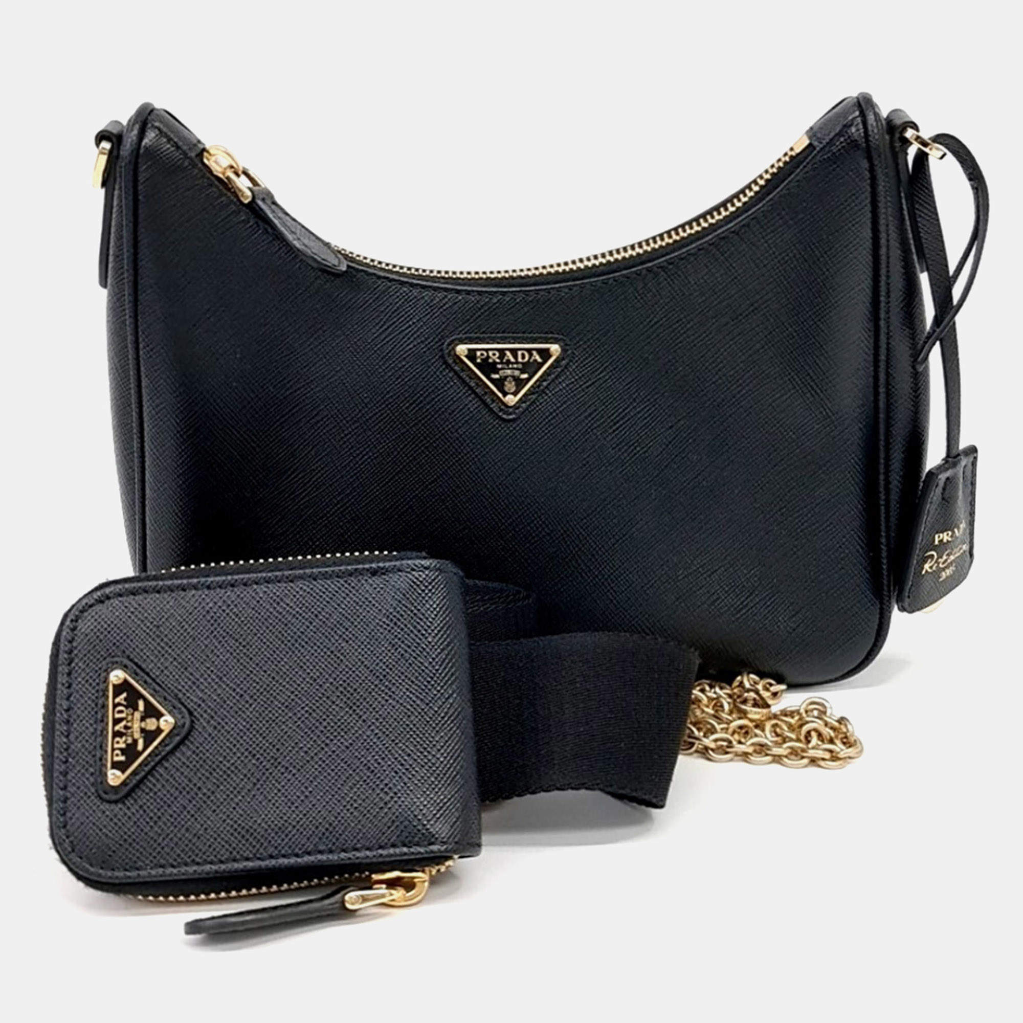 Pre Owned Prada Black Leather Saffiano Chain Hobo Bag
