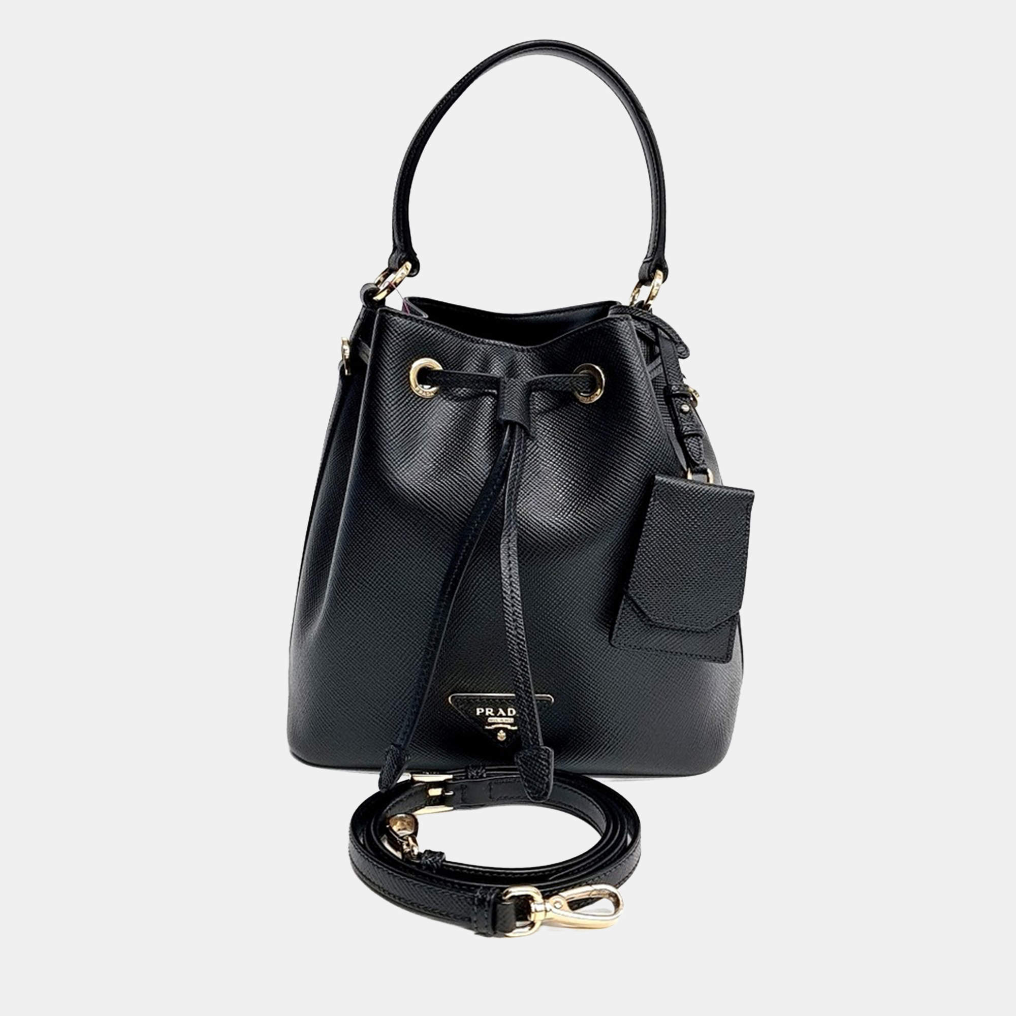 Pre Owned Prada 1BE032 Small Black Saffiano Leather Bucket Bag