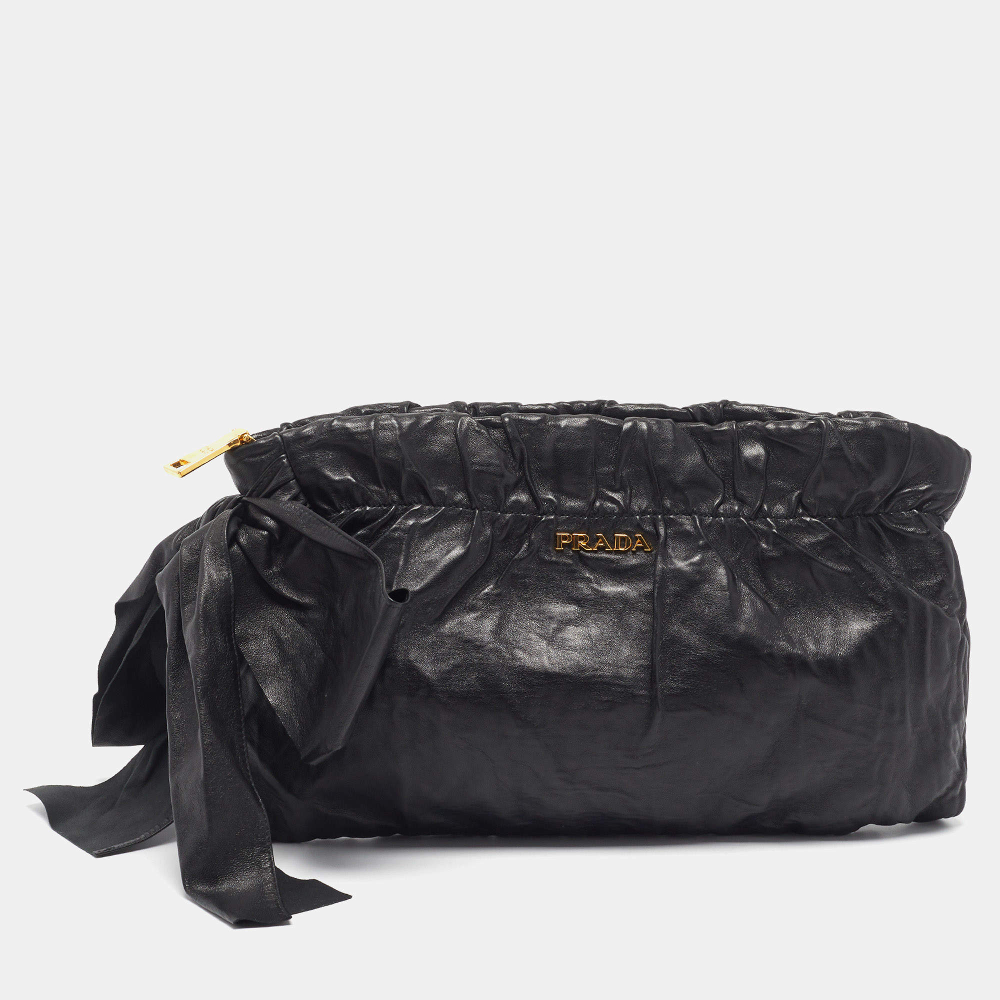 Pre Owned Prada Bow Large Black Antique Leather Pochette