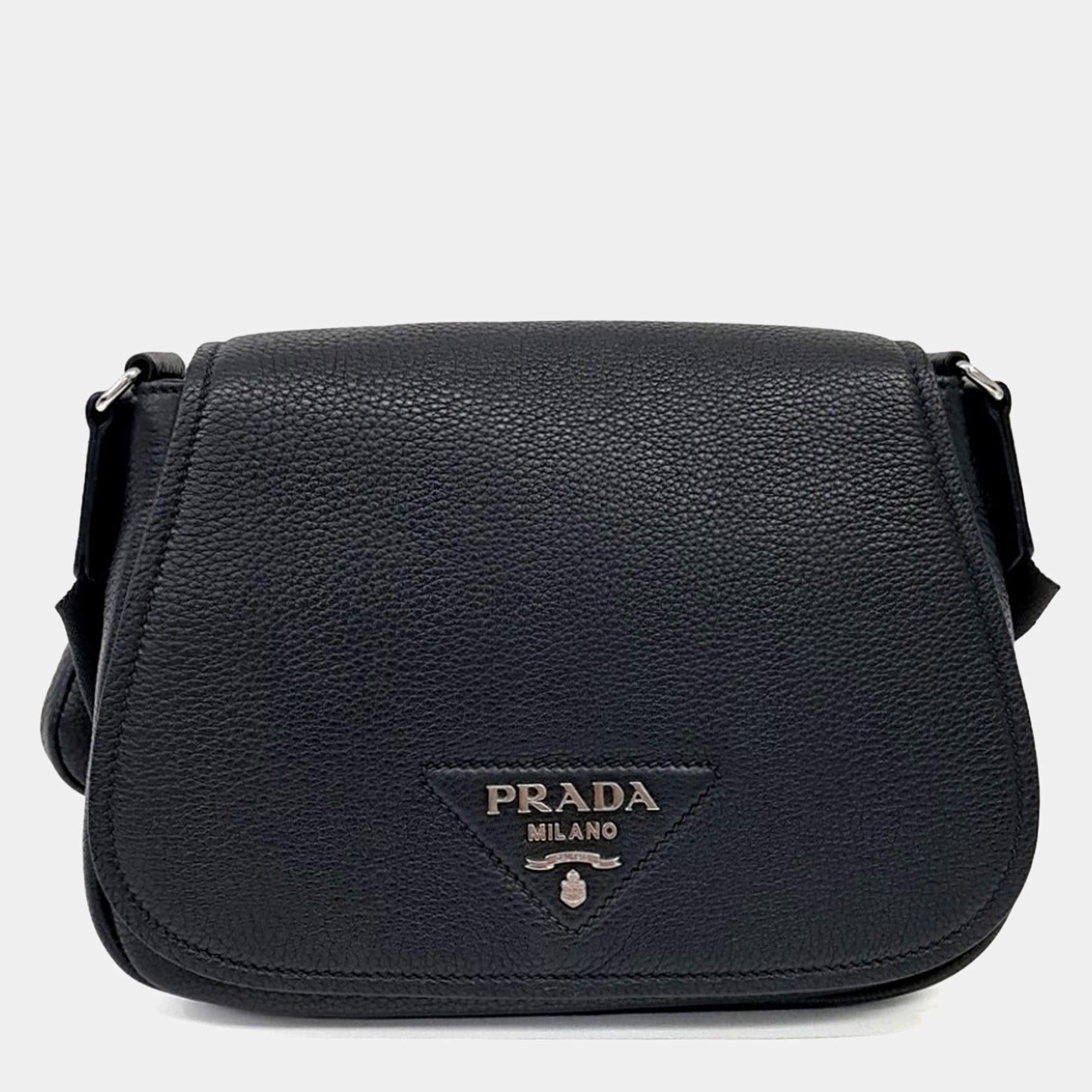 Pre Owned Prada 1BD293 Vitello Daino Crossbody Black Leather Shoulder Bag