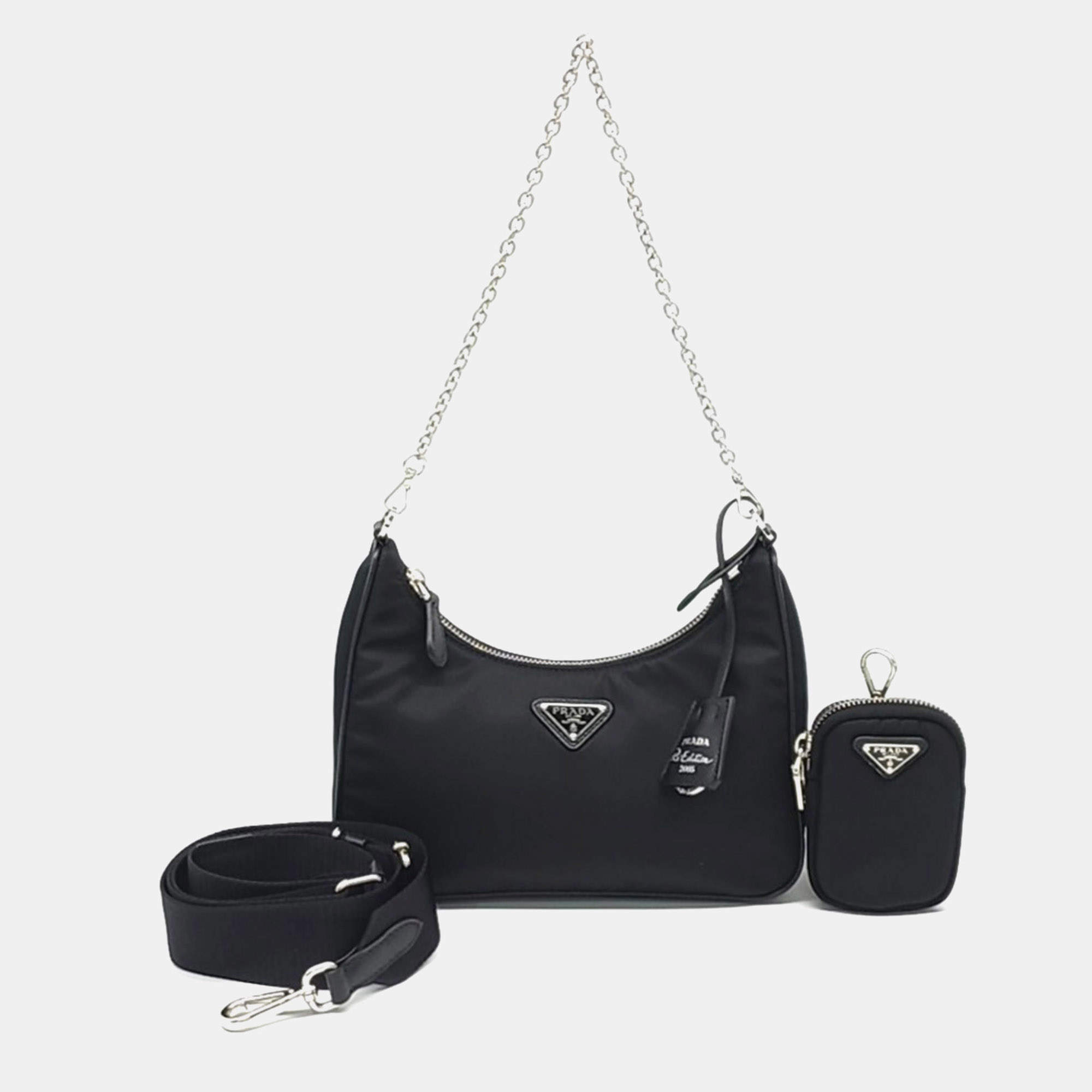 Pre Owned Prada Re-Nylon Tessuto Black Nylon Chain Strap Hobo Bag